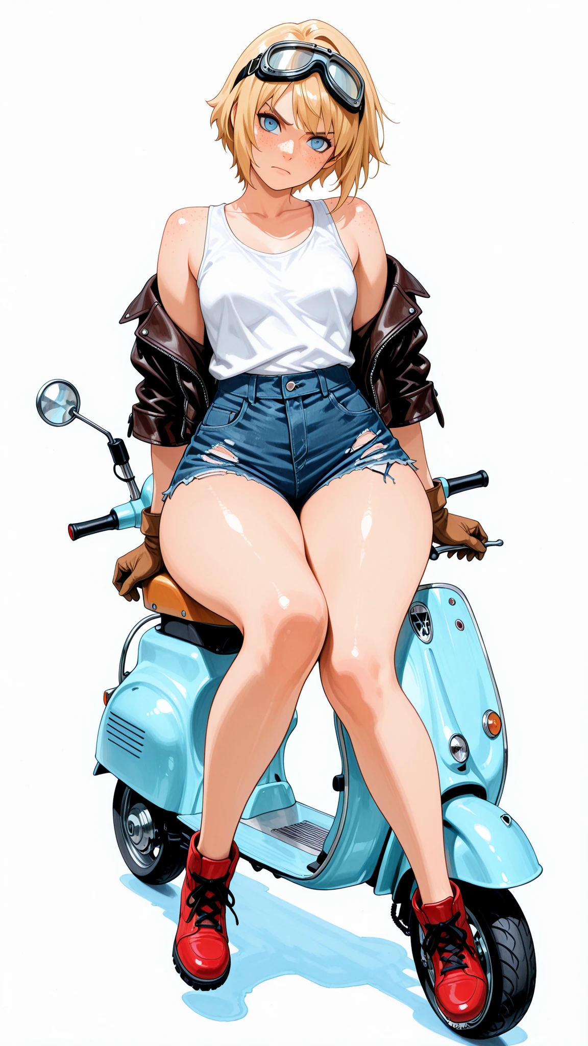 masterpiece, Highest Quality, great quality, Newest, very aesthetic, absurd, masterwork, 1 woman, solo, tilt your neck, freckles, watching viewers, serious, detailed eyes, Blue Eyes, blond hair, short hair, Goggles, buttocks under pants, leather jacket, White Tank Top, Tattered Denim Shorts, Red Shoes, medium boobs, wide hips, Woman sitting on a blue vespa scooter, full body, dynamic angle, watercolor, white background