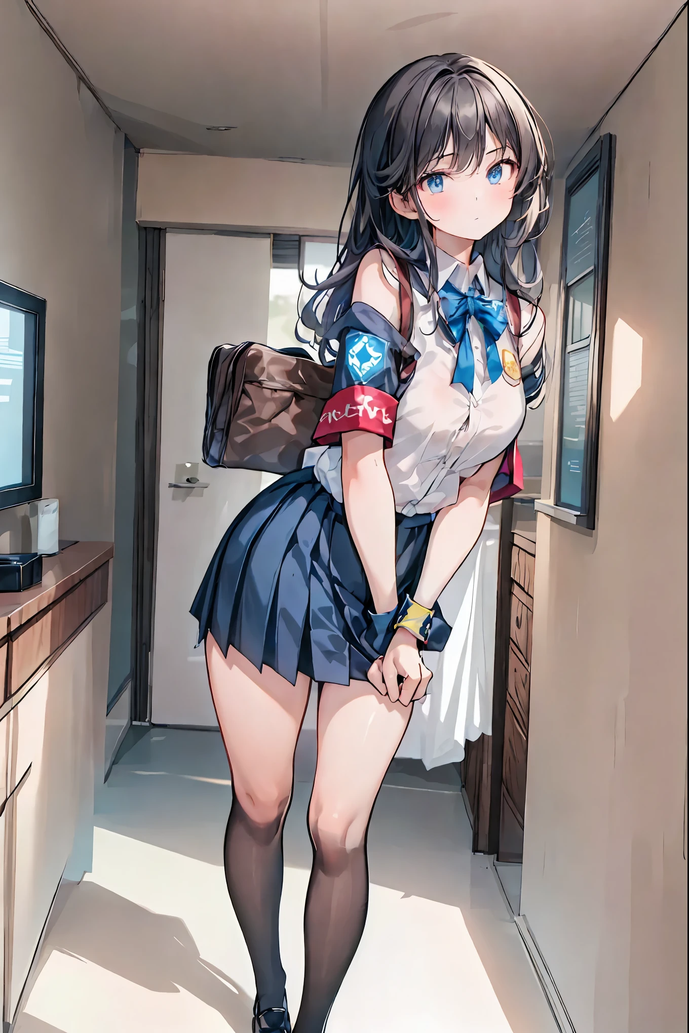 Little Girl with High Pressure Discipline Chairman,((from ↑:1.2)),(((Chairman of the Discipline Committee's armband))),cowboy shot on exposed armpits,About 150 centimeters,charismatic presence, Tall Boys Surrounding Her Surrounding Her Surrounding Area,Pointing and Instructing,4K High Resolution,High Dynamic Range,brown hair,shortcuts,unkempt hair,Short braided hair,Neat,slender beauty,correct attitude,small breasted,beautiful legs,The enchanting gray-blue eyes shine like stars,Saggy Eyes,Brilliant Colors,beautiful eyes,A delicate smile,Textured Skin,BEST QUALITY THE BEST,gentle and beautiful woman,anime style、Super Realistic Digital Illustration with Excellent Detail Description,Deep Tones,Dramatic Lighting,Precise Texturing,Little Girl with High Pressure Discipline Chairman, Chairman of the Discipline Committee's armband, About 150 centimeters, charismatic presence, Pointing at the Students, 4K Realistic Illustration, Extremely detailed down to the details, professional, Vivid Colors, Delicate Light and Shadow, Central Figure of the Disciplinary Committee, Strictly Instructing the Students, Coercive Behavior, Small but Strong Presence, Trying to solve school problems