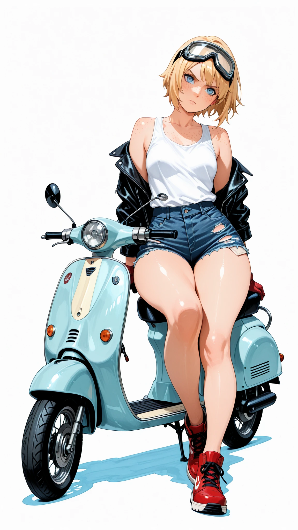masterpiece, Highest Quality, great quality, Newest, very aesthetic, absurd, masterwork, 1 woman, solo, tilt your neck, freckles, watching viewers, serious, detailed eyes, Blue Eyes, blond hair, short hair, Goggles, buttocks under pants, leather jacket, White Tank Top, Tattered Denim Shorts, Red Shoes, medium boobs, wide hips, Woman sitting on a blue vespa scooter, full body, dynamic angle, watercolor, white background