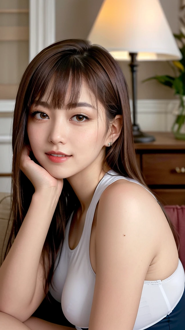 (8k、RAW Photos、Highest quality、masterpiece:1.2)、((Open your mouth wide、Squint your eyes、smile:1.5))、((、Brighten  skin、More eyelashes、Hair tied up:1.3))、(Realistic、Realistic)、1 girl、((whole body、Lying in bed、Flat Chest、slim、smile))、cute