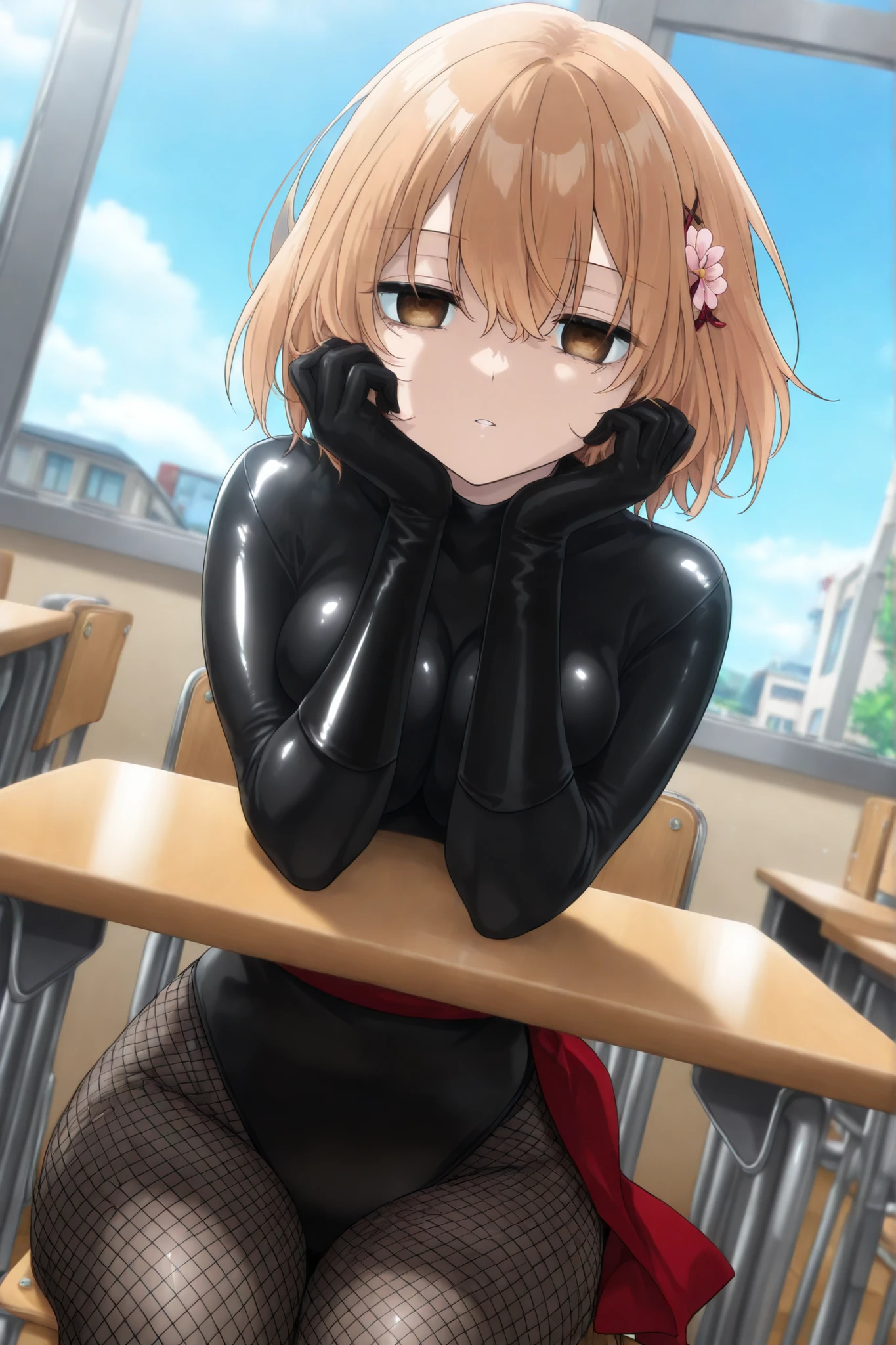 (((Masterpiece))), (((Best Quality))), ((Super Detail)), ultra-High resolution, score_9, score_8_up, score_7_up, score_6_up, score_5_up, score_4_up, BREAK, source_anime, anime screencap, uncensored, Masterpiece, (best shadow), (absurdres), (detailed background), (very aesthetic), detailed beautiful eyes, outstanding, an exquisite animation illustration, highres, dark persona, empty eyes, blank eyes, shocker, black leotard, latex elbow gloves, brown fishnet pantyhose, red sash, (((solo, 1girl))), hair ornament, anime style, anime coloring, animification, small , yaotose hinako, hair between eyes, short hair, brown eyes, light orange hair, day, parted lips, head rest, school, classroom, expressionless, emotionless, desk, chair, sitting, petal, wind, windy, flower,  press, cinematic angle, dynamic angle, dutch angle, looking at viewer