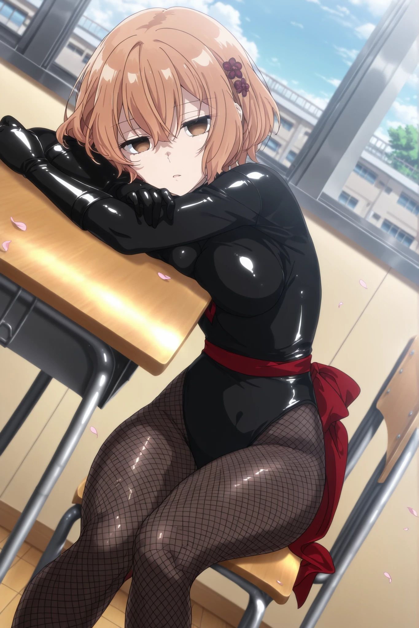 (((Masterpiece))), (((Best Quality))), ((Super Detail)), ultra-High resolution, score_9, score_8_up, score_7_up, score_6_up, score_5_up, score_4_up, BREAK, source_anime, anime screencap, uncensored, Masterpiece, (best shadow), (absurdres), (detailed background), (very aesthetic), detailed beautiful eyes, outstanding, an exquisite animation illustration, highres, dark persona, empty eyes, blank eyes, shocker, black leotard, latex elbow gloves, brown fishnet pantyhose, red sash, (((solo, 1girl))), hair ornament, anime style, anime coloring, animification, small , yaotose hinako, hair between eyes, short hair, brown eyes, light orange hair, day, parted lips, head rest, school, classroom, expressionless, emotionless, desk, chair, sitting, petal, wind, windy, flower, press, cinematic angle, dynamic angle, dutch angle, looking at viewer