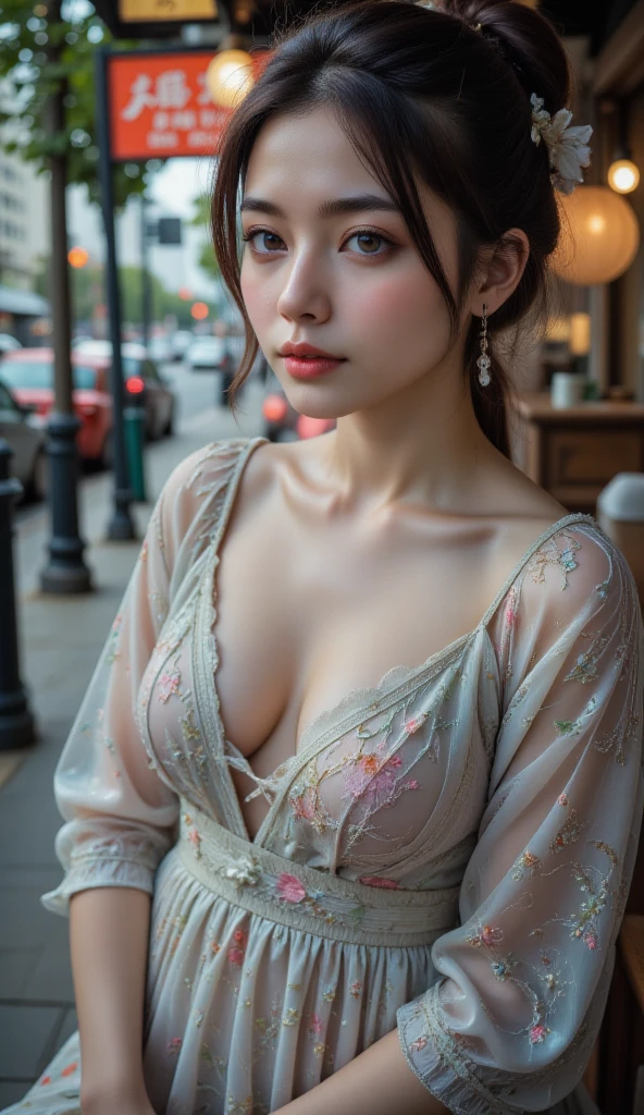 (8k, best quality, masterpiece:1.2), (realistic, photo-realistic:1.37), ultra-detailed, 1 girl, cute, solo, beautiful detailed sky, detailed cafe, night, sitting, dating, (nose blush), (smile:1.15), (closed mouth) small ???????, beautiful detailed eyes, (collared shirt:1.1), night, wet, business attire, rain, white lace, (short hair:1.2), floating hair NovaFrogStyle, ???????,