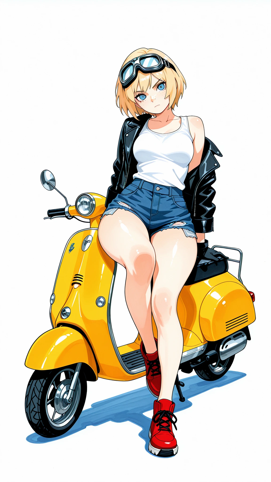 masterpiece, Highest Quality, great quality, Newest, very aesthetic, absurd, masterwork, 1 woman, solo, tilt your neck, freckles, watching viewers, serious, detailed eyes, Blue Eyes, blond hair, short hair, Goggles, buttocks under pants, leather jacket, White Tank Top, Tattered Denim Shorts, Red Shoes, medium boobs, wide hips, Woman sitting on a blue vespa scooter, full body, dynamic angle, watercolor, white background