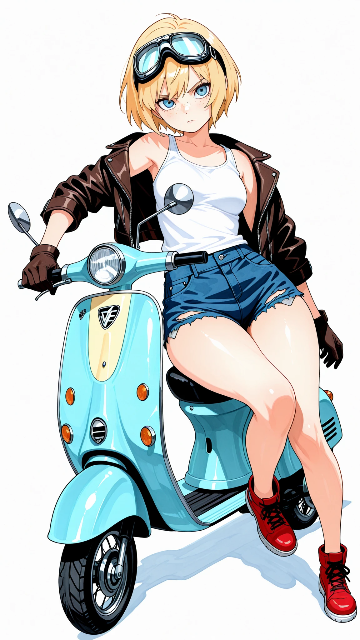 masterpiece, Highest Quality, great quality, Newest, very aesthetic, absurd, masterwork, 1 woman, solo, tilt your neck, freckles, watching viewers, serious, detailed eyes, Blue Eyes, blond hair, short hair, Goggles, buttocks under pants, leather jacket, White Tank Top, Tattered Denim Shorts, Red Shoes, medium boobs, wide hips, Woman sitting on a blue vespa scooter, full body, dynamic angle, watercolor, white background