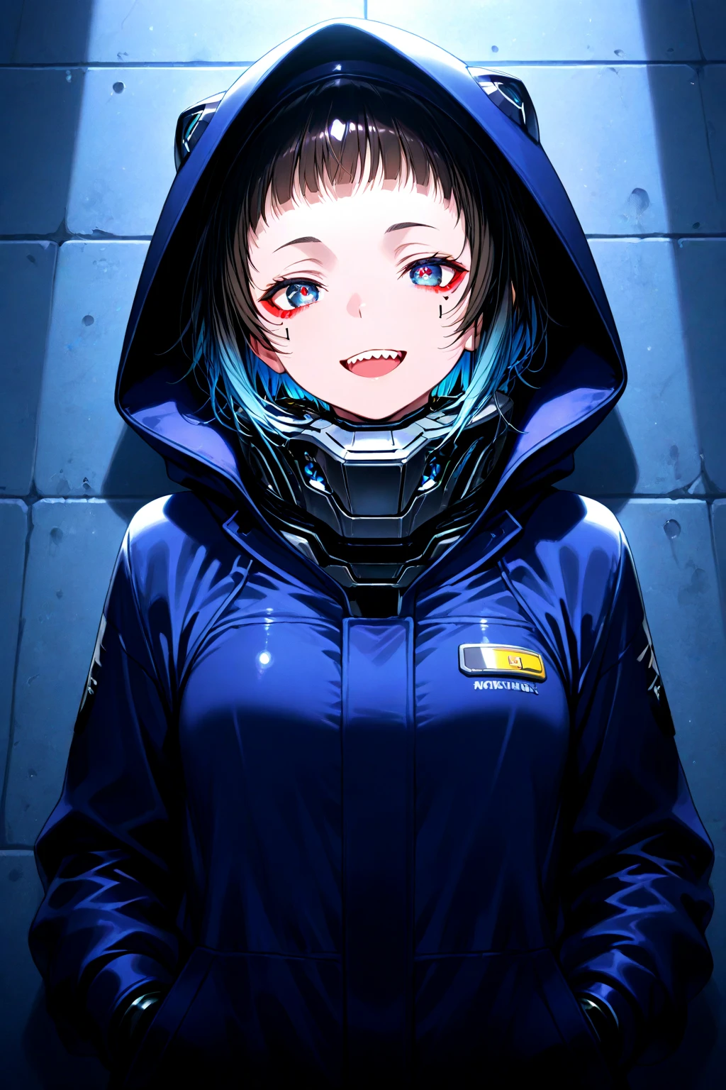 Cinematic lighting、(key light：Front diagonal 45 degrees, fill light、Backlight、shadow、blue and orange color palette), accurate human body、detailed person、Correct five-finger、RAW photo、 4K - ultra-vivid、highest quality, masterpiece, ultra high resolution, (reality: 1.4), 

(((oil skin,sparkling skin、realistic skin texture、detailed beautiful skin、shiny skin、shiny skin)))、


upper body shot, camera angle is low, Depth of the bounds written, Focus on the center, fine eyes, perfect face and eyes、


At the amusement arcade, game console, game machine, 
girl, short bob black hair, early teen, black Hoodie with pockets, plaid , purple collar, black face mask, piercing, 
small breasts, slender, standing , naughty, 
zettai ryouiki, absurd resolution, absurd detailed, best quality, (((big breasts)))