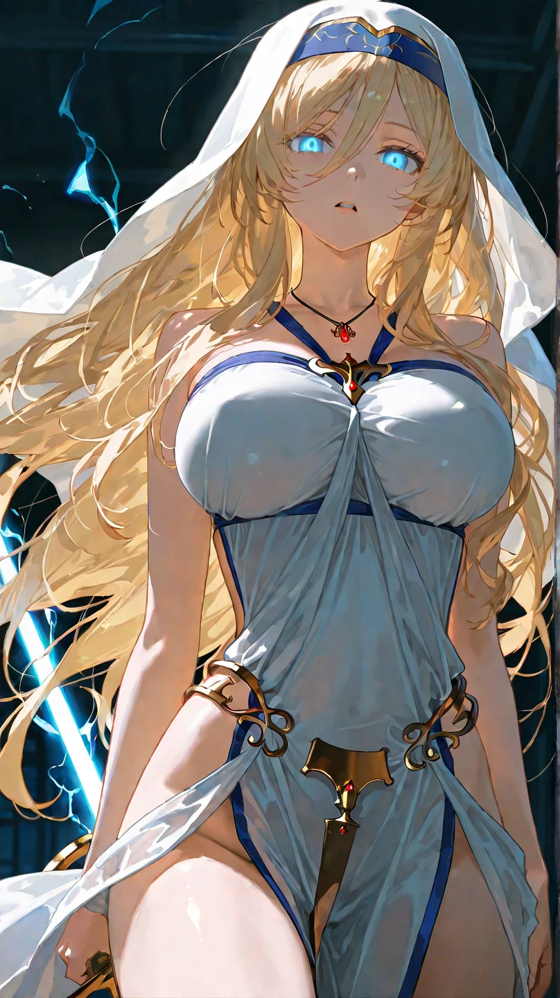 1girl,  shoulders, blonde hair, bracelet, , circlet, cleavage, dress, earrings, elf, energy sword, green eyes, head wreath, holding, , jewelry, , laurel crown, long hair, looking at viewer, pointy ears, solo, sword, very long hair, weapon, white dress,celestine lucullus,realistic,(shiny skin),(masterpiece:1.4),(best quality:1.4)