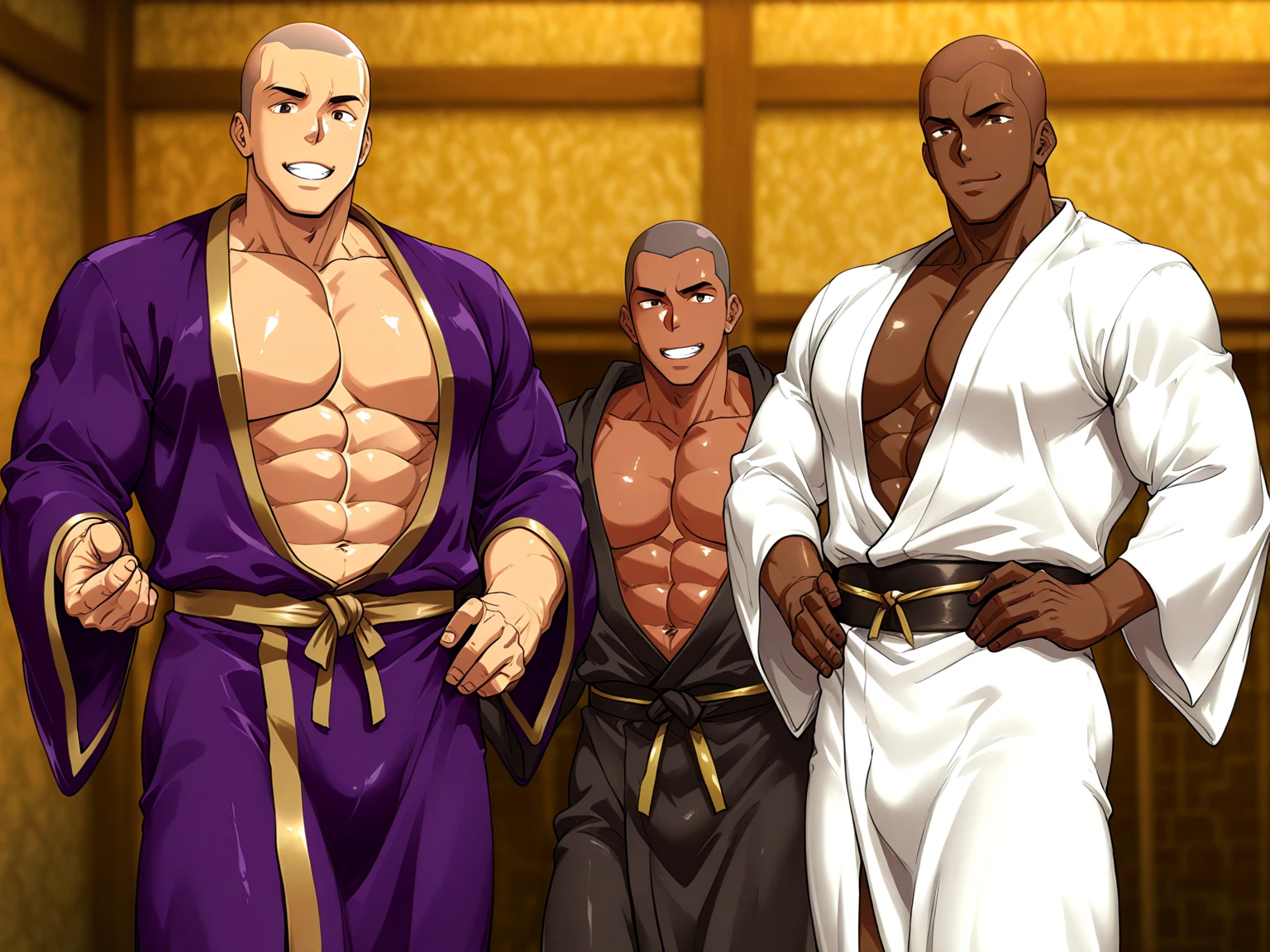 4boys、Summer Festival at Night、wearing jinbei、looks fun、Perfect Eyes、Highest quality、High resolution、Super detailed、perfect 、(muscular male:1.3)、(father:0.5)、 piercing、gay、Blue Hair、Blonde、Black Hair、Gray Hair、Red hair、Short Hair、Sports haircut、short hair、Brown skin、(sweat:1.3)、steam、wide shot、ass pov、full body