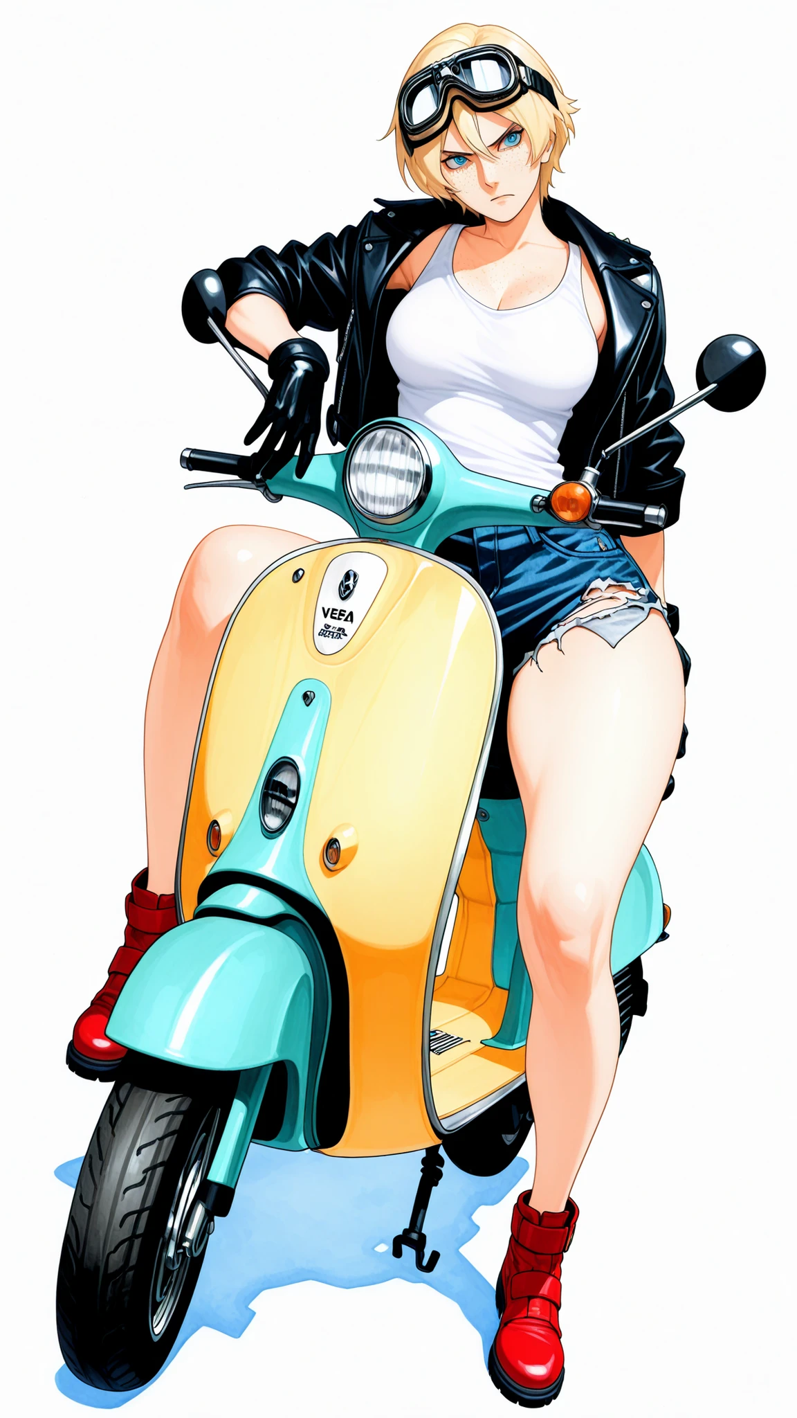 masterpiece, Highest Quality, great quality, Newest, very aesthetic, absurd, masterwork, 1 woman, solo, tilt your neck, freckles, watching viewers, serious, detailed eyes, Blue Eyes, blond hair, short hair, Goggles, buttocks under pants, leather jacket, White Tank Top, Tattered Denim Shorts, Red Shoes, medium boobs, wide hips, Woman sitting on a blue vespa scooter, full body, dynamic angle, watercolor, white background