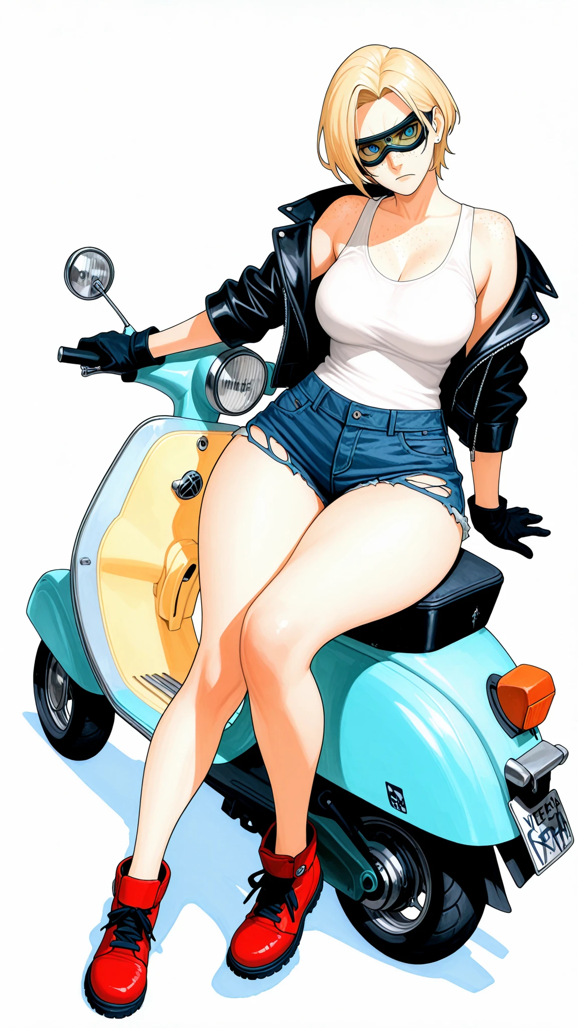 masterpiece, Highest Quality, great quality, Newest, very aesthetic, absurd, masterwork, 1 woman, solo, tilt your neck, freckles, watching viewers, serious, detailed eyes, Blue Eyes, blond hair, short hair, Goggles, buttocks under pants, leather jacket, White Tank Top, Tattered Denim Shorts, Red Shoes, medium boobs, wide hips, Woman sitting on a blue vespa scooter, full body, dynamic angle, watercolor, white background