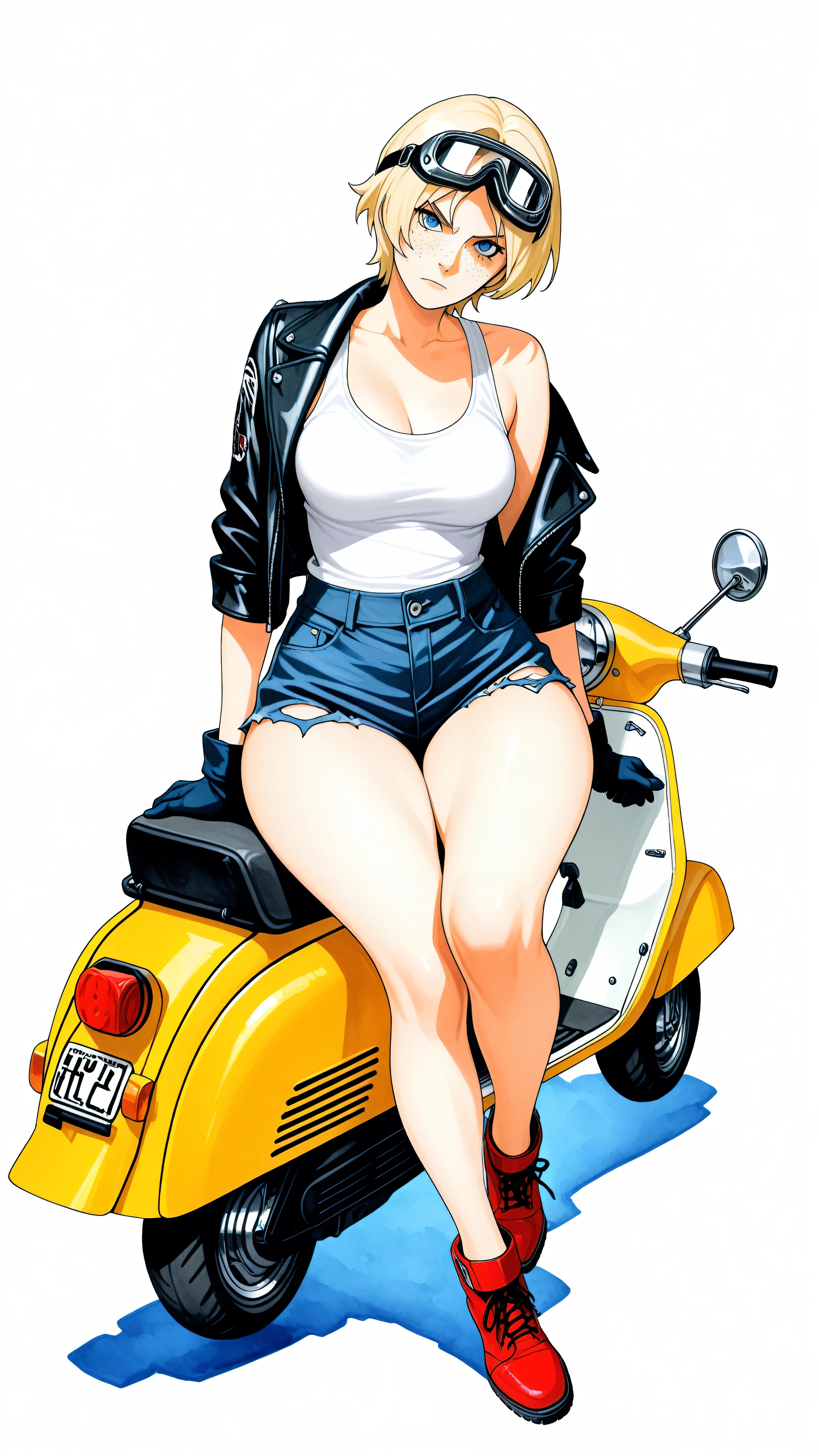 masterpiece, best quality, amazing quality, newest, very aesthetic, absurdres, masterwork, 1woman, solo, head tilt, freckles, looking at viewer, serious, detailed eyes, blue eyes, blonde hair, short hair, goggles, gloves, leather jacket, white tank top, torn denim shorts, red shoes, medium breast, wide hips, woman sitting on blue vespa scooter, full body, dynamic angle, watercolor, white background