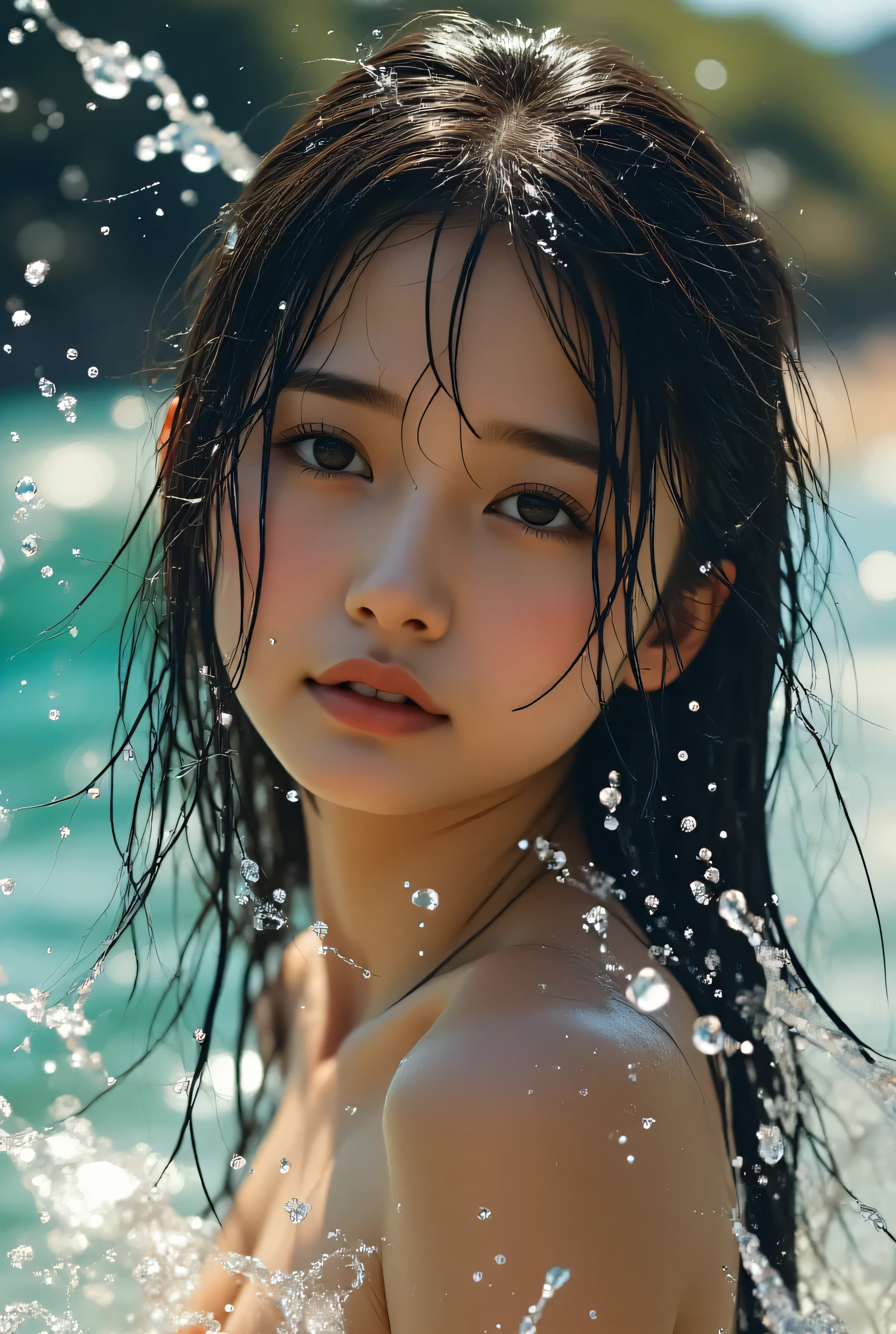 Realistic photorealistic illustrations (scene of beautiful photogenic Asian woman holding colorful water gun with playfulness: 3.6), long wet black hair, nsfw,navel,naked, standing pose with one hip playfully raised, (mischievous expression on face as she holds colorful water gun and shoots water: 3.6), (smile shining with joy, large water trail from water gun, large amount of water splash: 3.6), (glowing water droplets on skin, perfect anatomical proportions highlighting curves: 3.6), crystal clear turquoise water, dynamic pose suggesting movement, ultra-detailed water droplets floating on skin, (strong midsummer sun casts deep shadow on woman highlighting her beauty and enhancing summer atmosphere. Beautiful light and dark contrast depiction. shimmering water surface, shimmering water reflection, glittering water splash: 3.6), playfulness of summer afternoon.