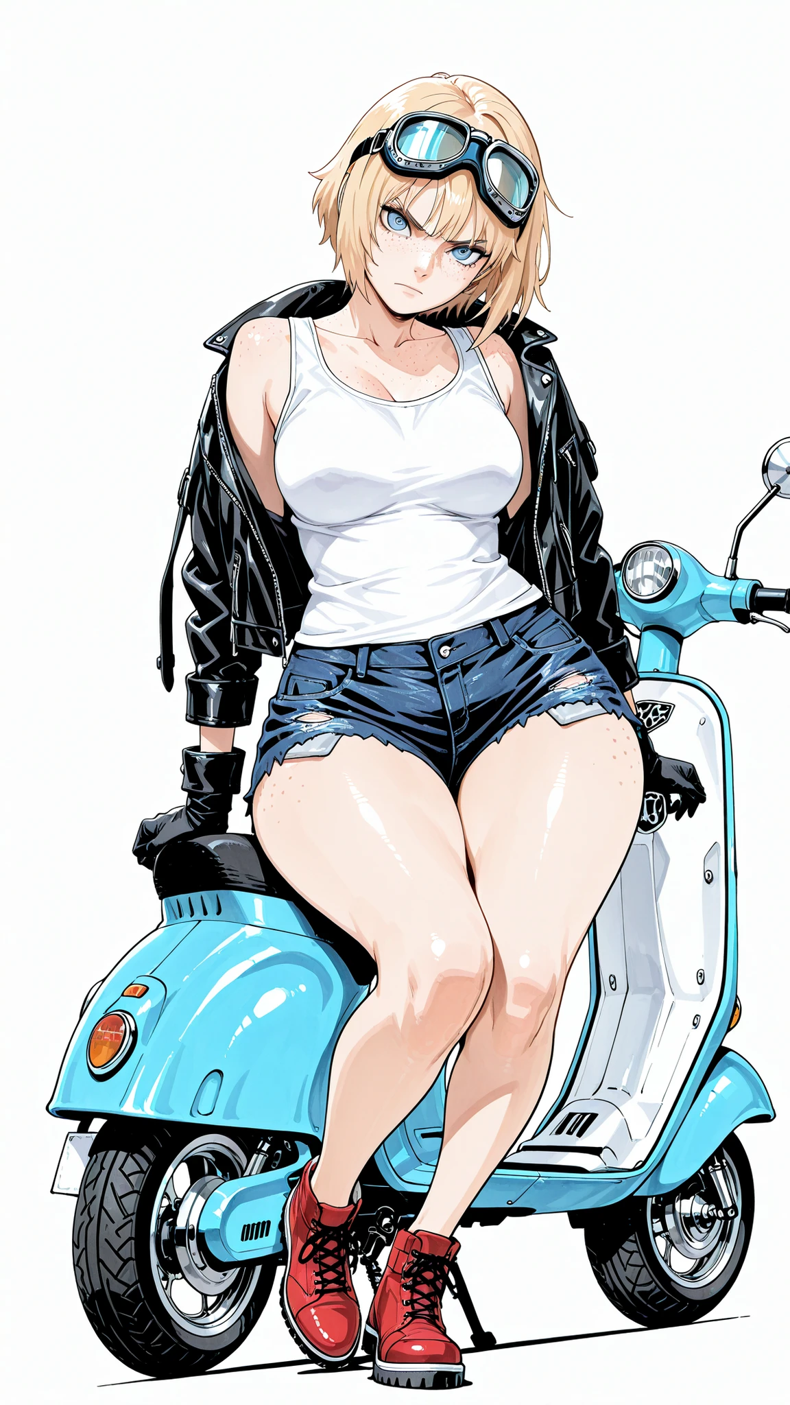 masterpiece, Highest Quality, great quality, Newest, very aesthetic, absurd, masterwork, 1 woman, solo, tilt your neck, freckles, watching viewers, serious, detailed eyes, Blue Eyes, blond hair, short hair, Goggles, buttocks under pants, leather jacket, White Tank Top, Tattered Denim Shorts, Red Shoes, medium boobs, wide hips, Woman sitting on a blue vespa scooter, full body, dynamic angle, watercolor, white background