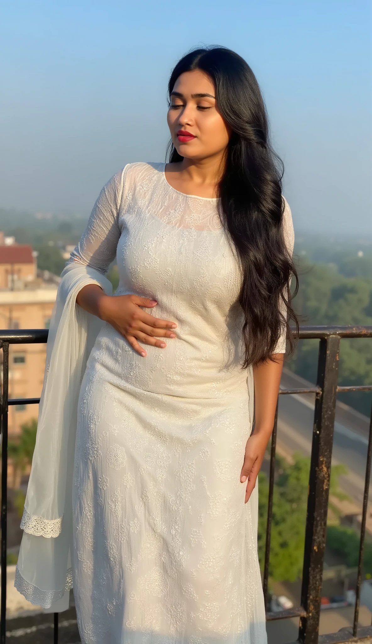 Beautiful Indian girl standing on balcony, leaning back on iron railing, wearing white sleeveless salwar with intricate pattern design, white sher scarf pallu on one shoulder, building in background, horizon, sky, trees, road, Busty, wide waist, hourglass figure, curvy, Come hither eyes and a mischievous smirk, sweaty, cotton fabric, matte finish fabric, highly detailed texture, detailed intricate pattern print, sunlight on hair ,High Resolution, Award Winning, High Details, Large breasts, Depth Of Field, Chromatic Aberration, looking at camera 