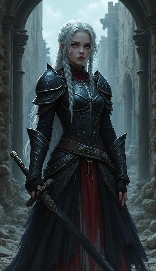 a woman with wild hair, knight with medieval armor, blue armor, long sword, night, dark environment, darkness, fog, blood