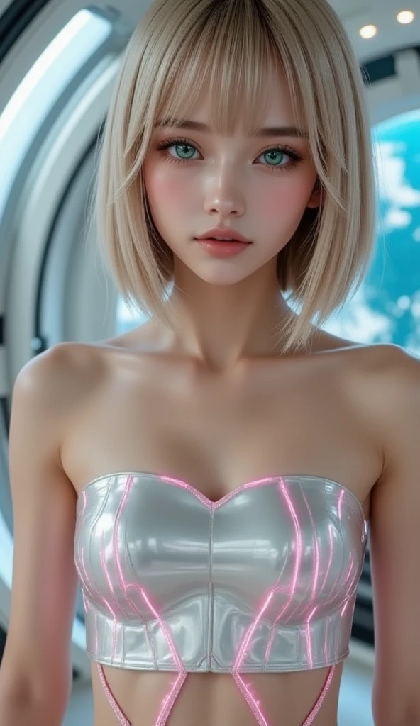 A short straight blonde haired british girl, bang, bob cut, blue eyes, 15 years, young, pale skin, slender body, small , tiny , Ultra high res, uhd, (photorealistic:1.4), doll-like face, futuristic armor, plasma sword