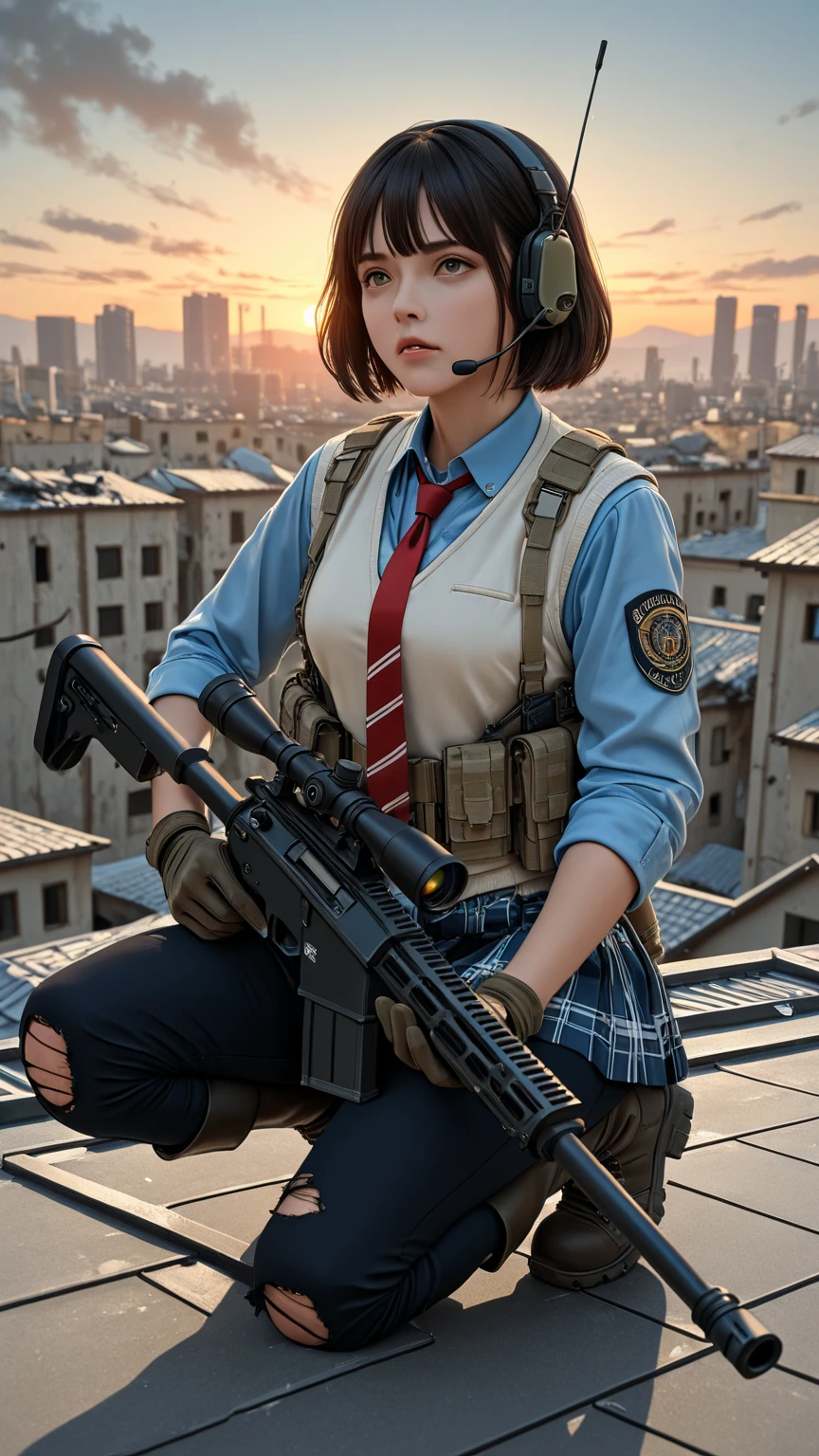 1 female、(super beautiful)、(beautiful face:1.5)、(detailed face)、standing、(HigH-scHool uniform)、dark blue jacket、wHite  sHirt、tie、plaid 、Brown Hair、(dark makeup)、(Holding rifle)、(Please point your rifle:1.5)、H&For HK416、(On tHe roof of a HigH-rise building), night, starry sky, milky way,