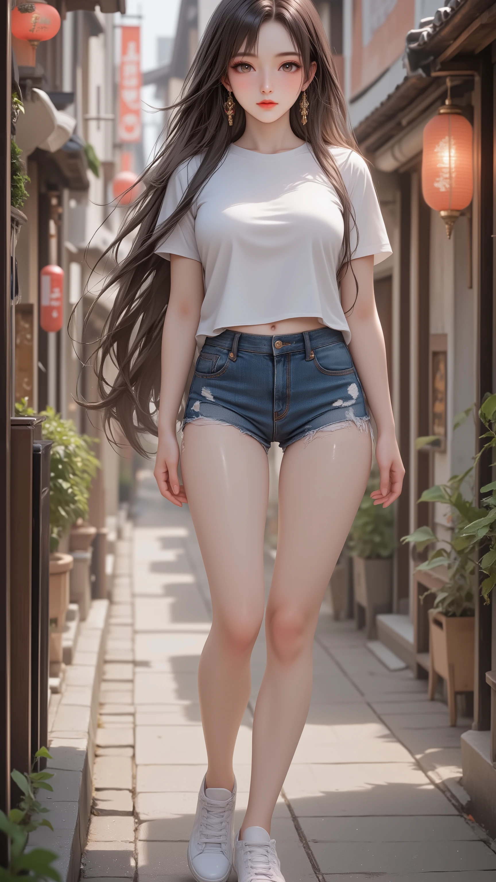 perfect proportions,masterpiece,Sophisticated details Jie,Fine Art, Exquisite Face, Artwork, best ,high resolution, Fantasy Style ,high resolution8K CG壁紙。upper body,Quadruple View。
Beautiful girl。 perfect appearance ,perfect body。Girl's Legs Trim。Uniform shape 。Skin Whitening、smooth flawless。flowing with long black hair falling like a waterfall,Black Eyes。playful expression。
wearing white T-shirt,Denim Shorts,Her long legs are worn with sneakers。Emphasizes the curves of her body。accentuates the curves of her legs。
A quaint food street