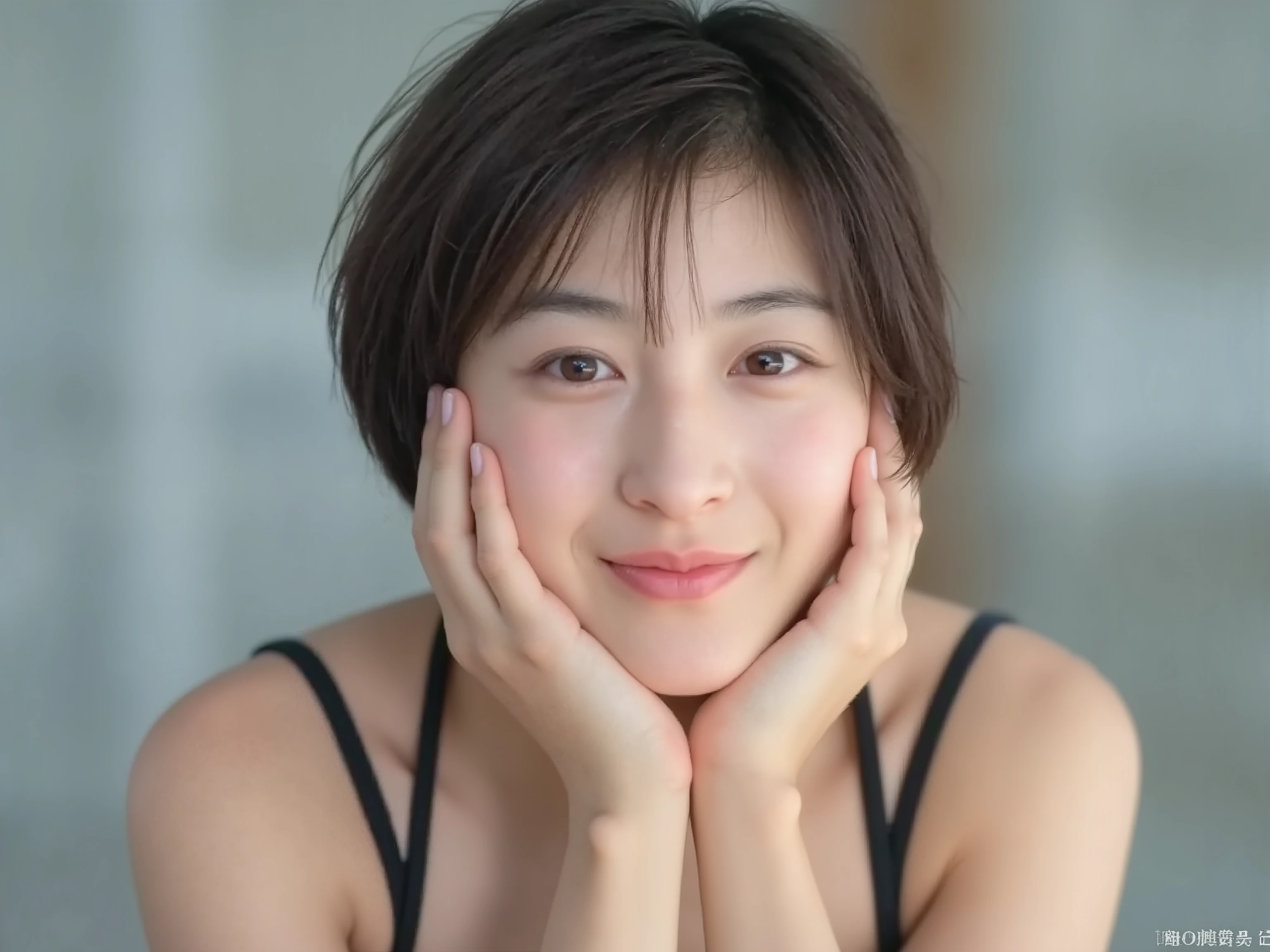 (Refined from an old photo, completely modernized and recreated in an ultra high-quality photorealistic portrait style,
modern Reiwa-era studio lighting and color grading, ultra-high resolution 8K sharpness,
realistic cinematic tone correction, beautifully balanced contrast,
natural skin tone refinement with perfect light diffusion,
removes any old-photo texture, yellow tint, sepia tone, film grain, blur, or vintage color cast,
eliminates outdated shadows, desaturation, or low contrast,
corrects old LoRA imperfections to achieve modern clarity and realism,
Ultra photorealistic close-up portrait of a beautiful 25-year-old Japanese woman,
from the collarbone up, wearing a simple thin-strapped black camisole (barely visible),
smiling brightly and joyfully, resting her cheeks softly in both hands,
looking happily toward the viewer with sparkling kind eyes,
expression full of affection, natural charm, and gentle sensuality,
soft glossy lips forming a bright, lovestruck smile,
healthy blush on cheeks with natural warmth,
clear smooth skin with detailed pores, subtle texture, fine peach fuzz,
even tone without any blemishes or moles,
natural skin depth, no over-smoothing or plastic effect,
hair with refined strands, softly flowing semi-long Reiwa-style waves,
airy see-through bangs, natural brown tone,
studio lighting with smooth shadows and radiant collarbone highlights,
pure white softly blurred background for a clean, intimate atmosphere,
no distortion, no asymmetry, no extra fingers,
realistic anatomy, perfect facial balance,
no painting-like effect, no outdated lens blur,
(masterpiece, ultra photorealistic, best quality, realistic skin texture, modern portrait photography, cinematic magazine cover lighting))