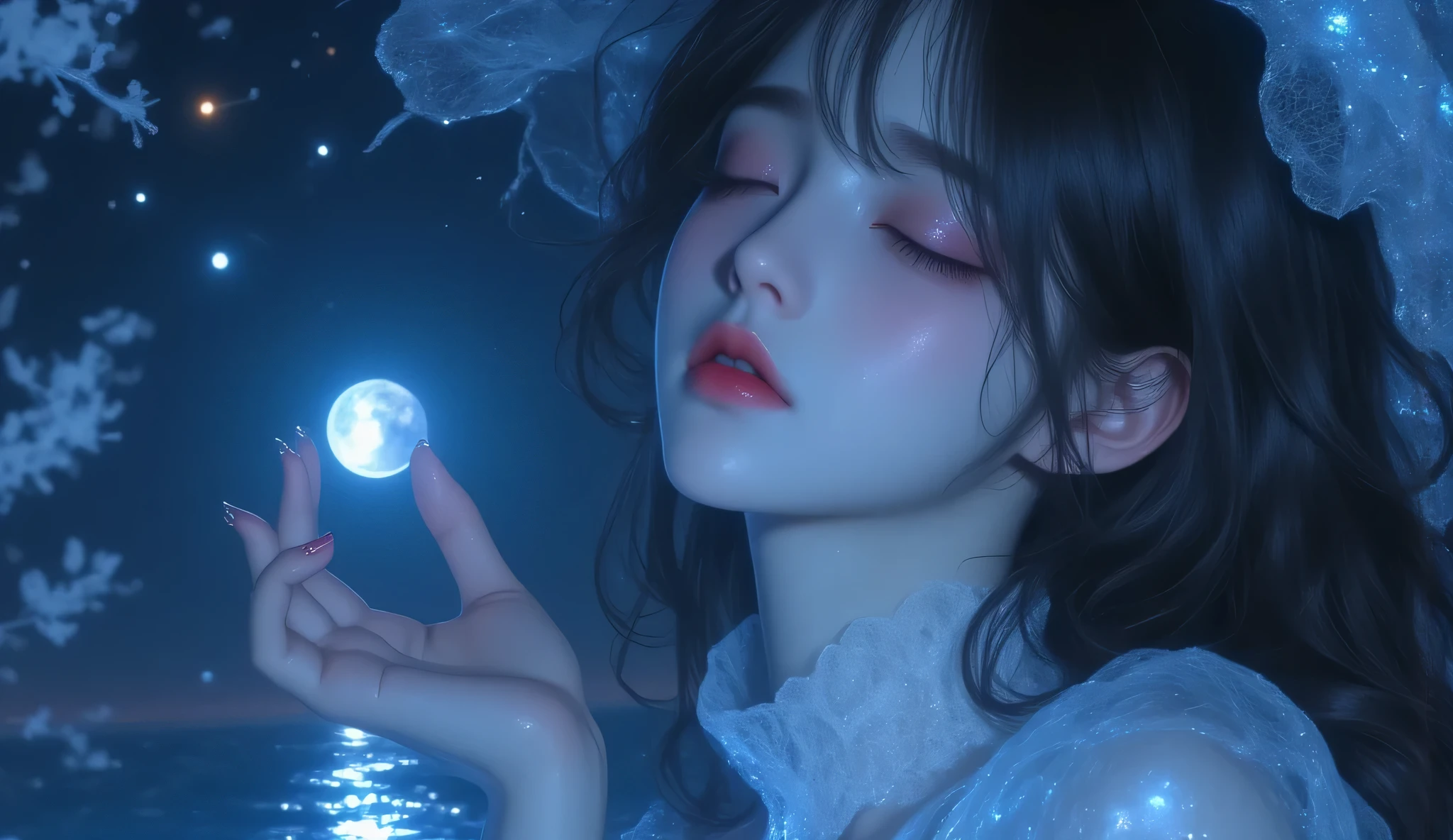 Highest Quality、masterpiece、high sensitivity、high definition、detailed description、Lakeside park、Slender Woman、Full body photo、美しいGirl、cute idol、Skin that is white and translucent、Cute mouth、Adorable Eyes、high nose、 with a high and sharp nose、japanese model、extra long black hair、white skin、smooth skin、
white skin、busty women、reflective light、Canon EOS 50D shooting、1.4mm wide angle lens super、f/1.8、 8K resolution、ray tracing、 Anatomically perfect hands、5 fingers、 Milky Way、starry sky、moonlight、full moon reflected on lake surface、Lakeside Park、Girl、Close your eyes、Open Mouth、Singing Enthusiastically、off shoulder white dress mini skirt、is crying、 water surface sparkling、