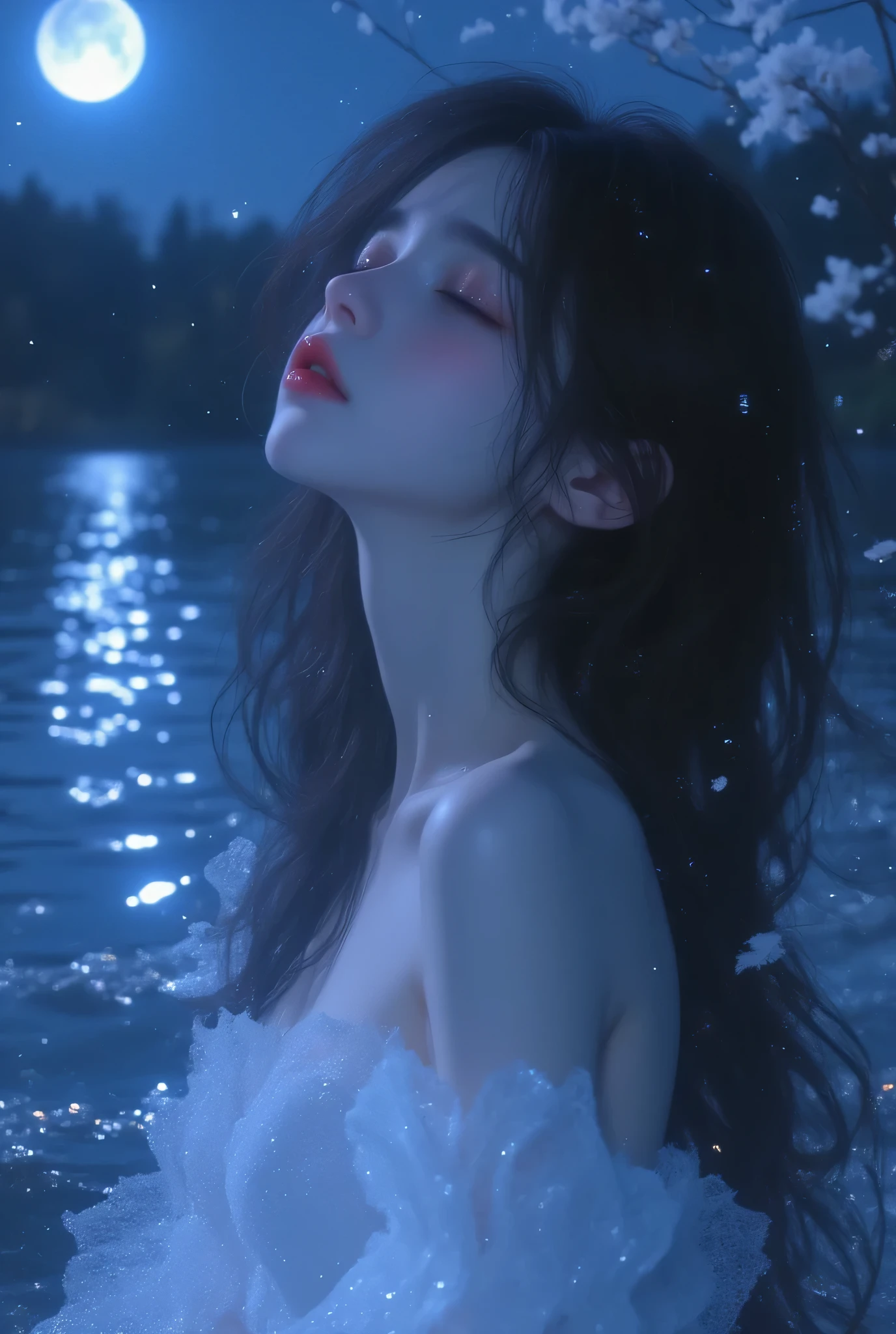 Highest Quality、masterpiece、high sensitivity、high definition、detailed description、Lakeside park、Slender Woman、Full body photo、美しいGirl、cute idol、Skin that is white and translucent、Cute mouth、Adorable Eyes、high nose、 with a high and sharp nose、japanese model、extra long black hair、white skin、smooth skin、
white skin、busty women、reflective light、Canon EOS 50D shooting、1.4mm wide angle lens super、f/1.8、 8K resolution、ray tracing、 Anatomically perfect hands、5 fingers、 Milky Way、starry sky、moonlight、full moon reflected on lake surface、Lakeside Park、Girl、Close your eyes、Open Mouth、Singing Enthusiastically、off shoulder white dress mini skirt、is crying、 water surface sparkling、