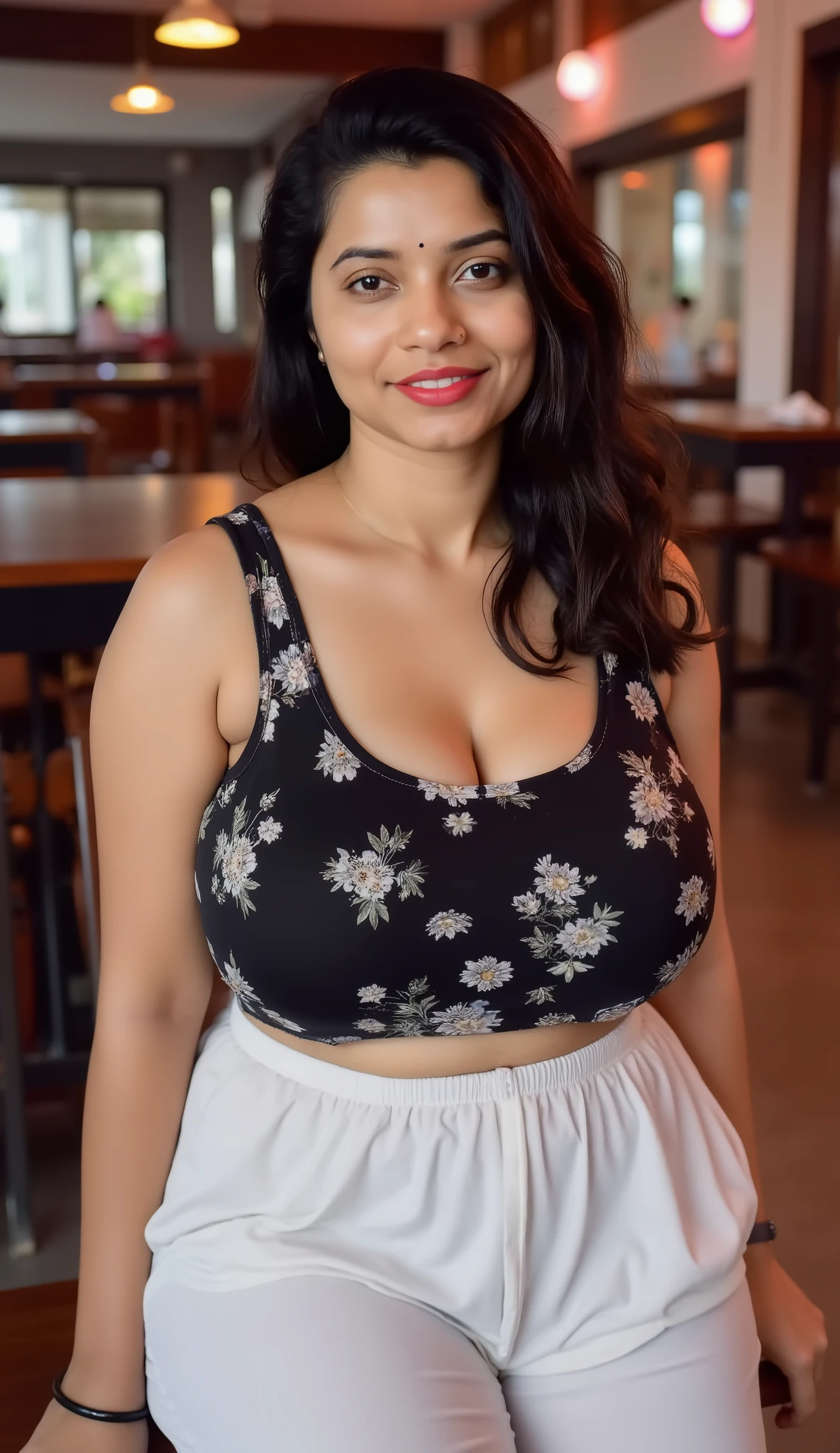 Night,Showing milky big thighs, huge voluptuous breast, kerala ,female is with chubby face broad jawline,wet black hairs,No make up face,no lipstic lips,, huge voluptuous breast, curvy,wearing black floral printed sleeveless cropped t shirt and white sleepwear cotton loose pants,figure,seductive eyes, sultry, sitting in kerala club.full size photo.looking straight, eyes straight.