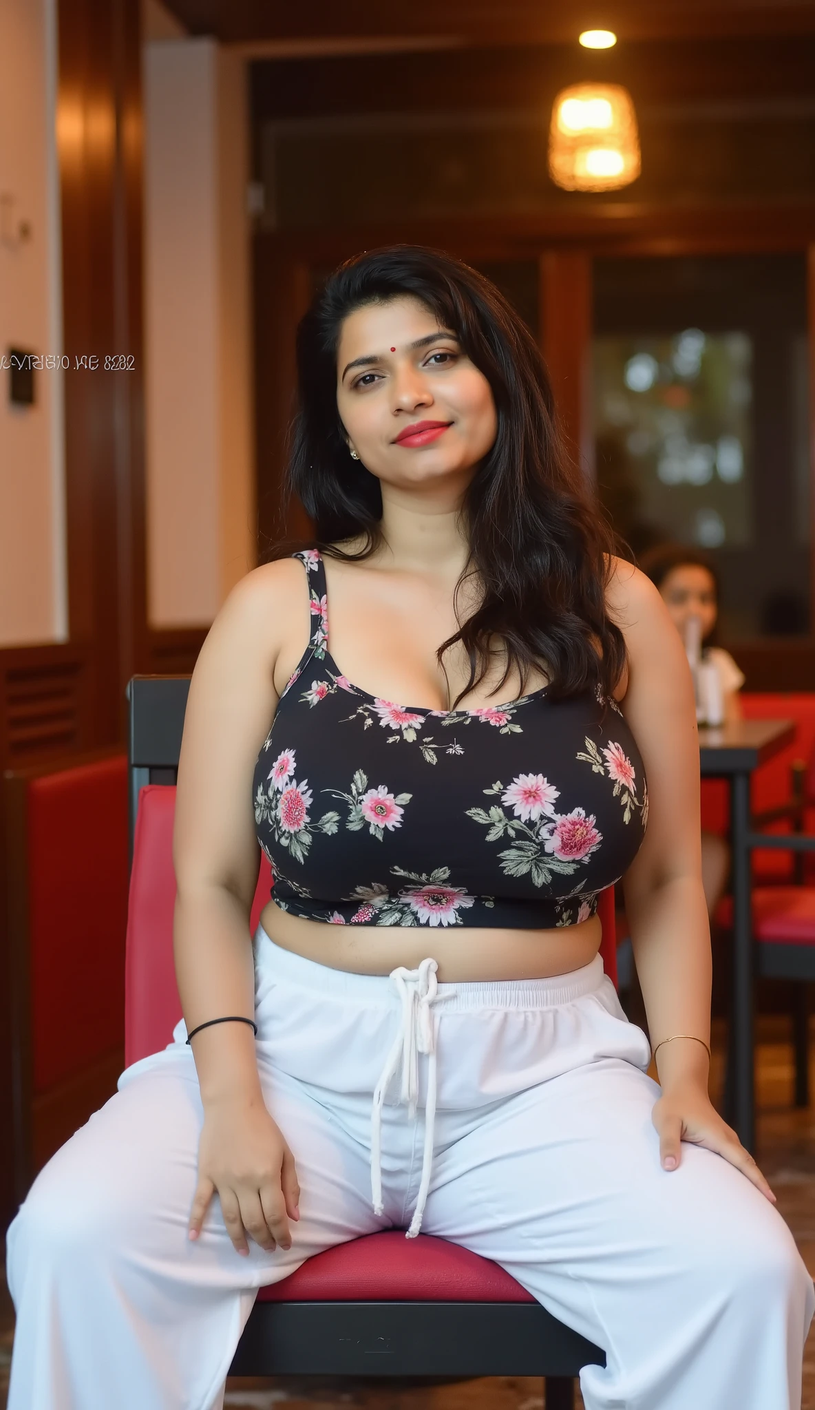 Night,Showing milky big thighs, huge voluptuous breast, kerala ,female is with chubby face broad jawline,wet black hairs,No make up face,no lipstic lips,, huge voluptuous breast, curvy,wearing black floral printed sleeveless cropped t shirt and white sleepwear cotton loose pants,figure,seductive eyes, sultry, sitting in kerala club.full size photo.looking straight, eyes straight.