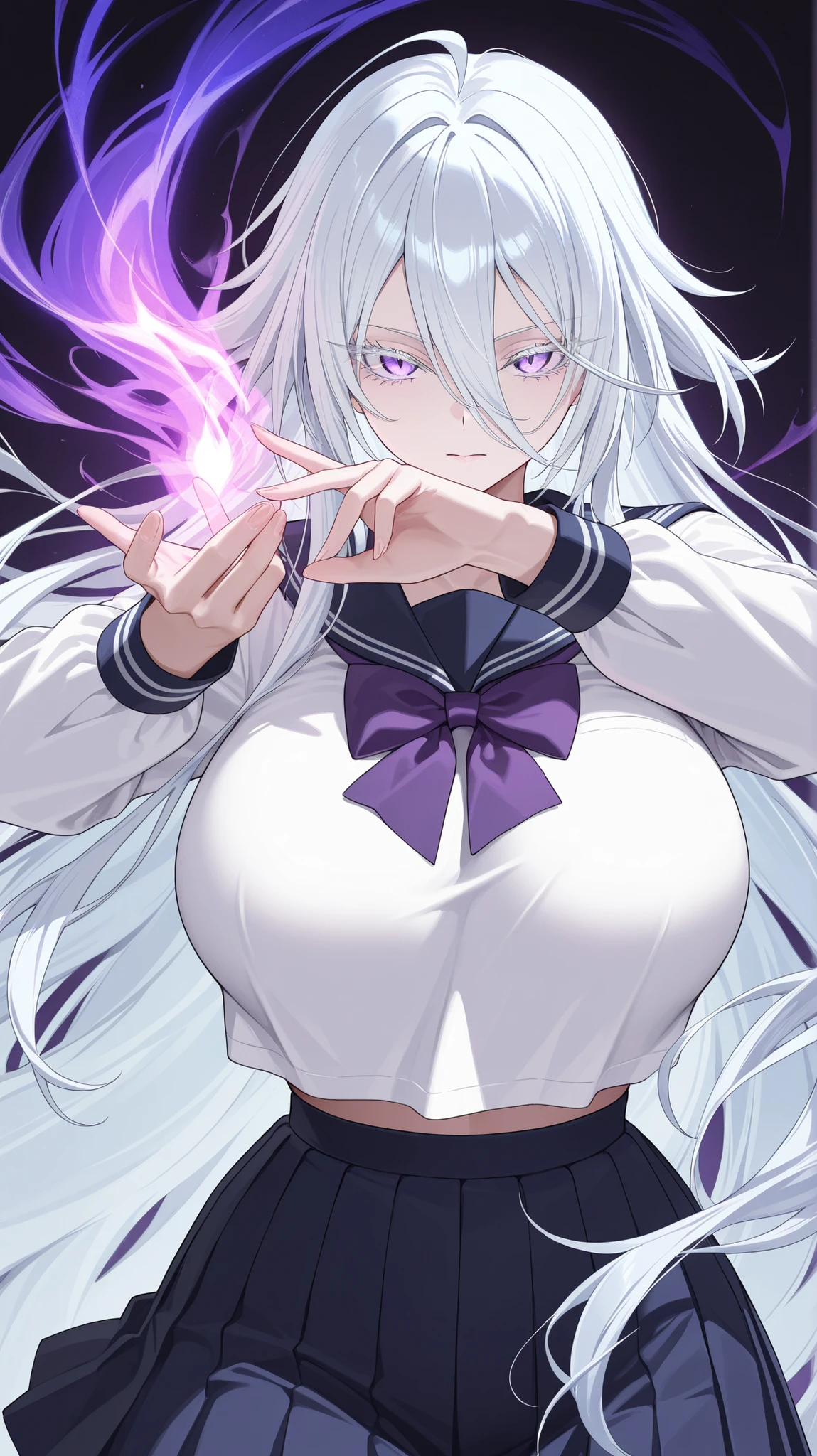 1girl, solo, anime girl, elegant, sovetsky_soyuz, masterpiece, very aesthetic, white hair, extremely long hair, very long hair between eyes, purple eyes, sharp eye outlines, white eyelashes, long eyelashes, big breasts, curvy body, sailor uniform, navy pleated skirt, purple bowtie, half body, straight-on view, standing, action pose, magic on hand, void magic, badass, demure posture, white background, simple background, soft skin, volume light, depth of field, high detail, highres, ultra-detailed, detailed face, (detailed eyes), (perfect eyes), perfect composition, intricate details, detailed and polished anime style, (detailed hand), (perfect hand), 4K, 8K