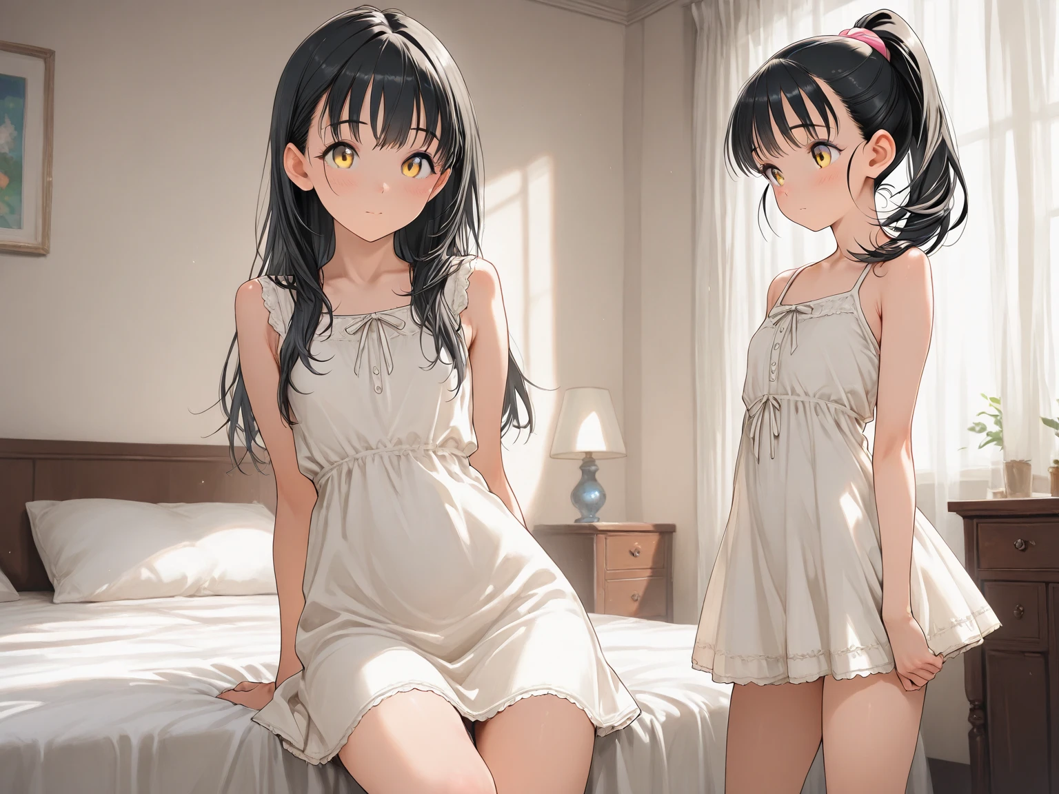 2 female, darker skin, as a child, children's, , white long dress, small legs, lightest blue eyes, red twin tail hair, twin, home, bedroom