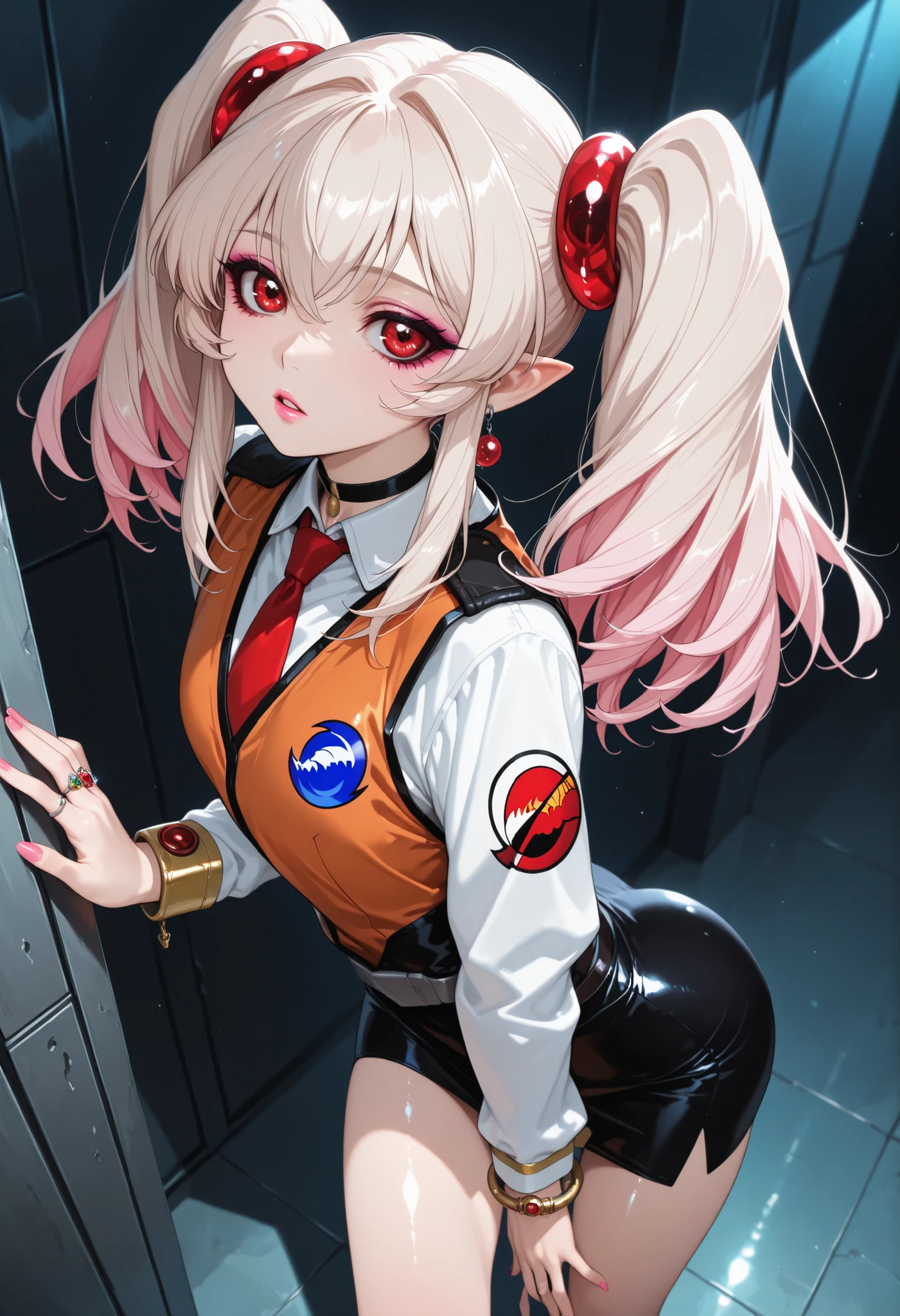 (|(Mine Fujiko))), Details XL, artist_Morii Akira, About ,(Extremely cute 1 0 an old vampire girl, masterpiece, Highest Quality, high resolution, face details, Skin Details, shiny skin, uneven skin, 1 Girl, pointed ears ), Platinum Blonde Hair, parted lips, black choker, makeup, LONG HAIR, Jewel-like, beautiful red eyes, pink lips, and flip through her jacket and her hair shines. ((beautiful blonde hair, gradation hair that hugs the legs, pink hair tips)), (Slim:1.4), Slim legs, small ass, beautiful huge chest, inspecting D, difficult, chest, PINK NAILS. Beautiful chest, inspecting, felichest, PINK NAILS, earrings from behind. Bracelets. ((alternate costume)), hoshino ruri (cosplay), kidou senkan nadesico, twintails, ring hair ornament, uniform, long sleeves, white sleeves, red necktie, orange vest, black pencil skirt,