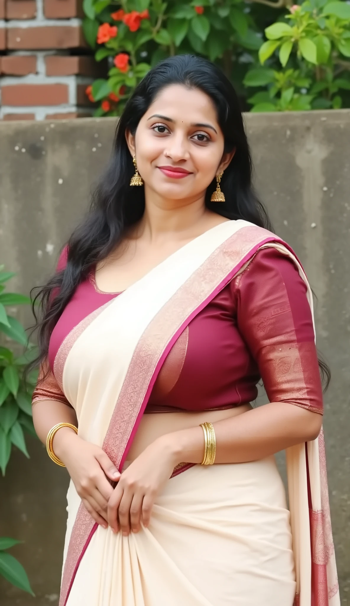 kerala ,female is with chubby face broad jawline,wet black hairs,No make up face,no lipstic lips,, huge voluptuous , black wet hairs, wearing light meroon colour saree and dark red sleeveless blouse, hourglass figure,seductive eyes, sultry, look at viewer,in keral outdoor with hollow bricks concrete wall and bogainvilla flowers .full size photo.looking straight, eyes straight.