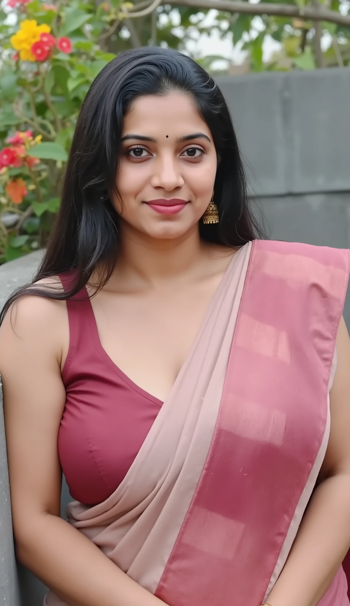 kerala ,female is with chubby face broad jawline,wet black hairs,No make up face,no lipstic lips,, huge voluptuous , black wet hairs, wearing light meroon colour saree and dark red sleeveless blouse, hourglass figure,seductive eyes, sultry, look at viewer,in keral outdoor with hollow bricks concrete wall and bogainvilla flowers .full size photo.looking straight, eyes straight.