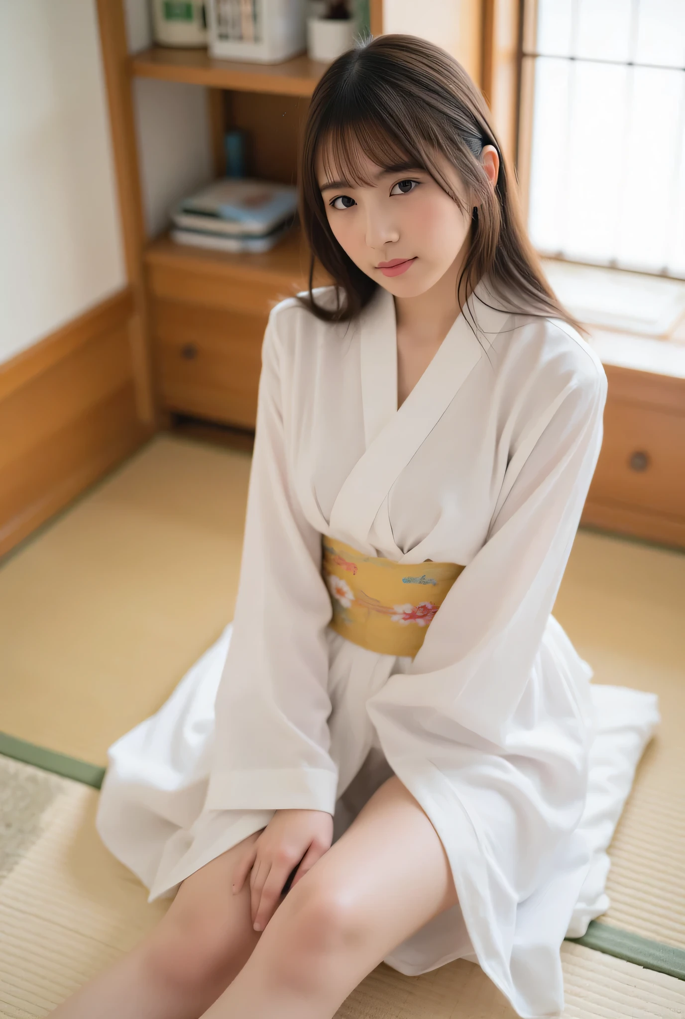 score_9,score_8_up,score_7_up, true to life, authentic,
ultra detailed,8k,high resolution,beautiful detailed,high contrast,sharp focus,
best quality,super hyper realism,realistic,photorealism,(realistic skin:1.2),rim light,
japanese girl,light smile, from_above, no makeup,
(bath yukata:1,3), (a girl sitting on futon :1.5), (Japanese-style room, tatami, futon ,mattress, pillow:1.3),
yokozuwari, kimono pull,
<lora:add-detail-xl:1>,