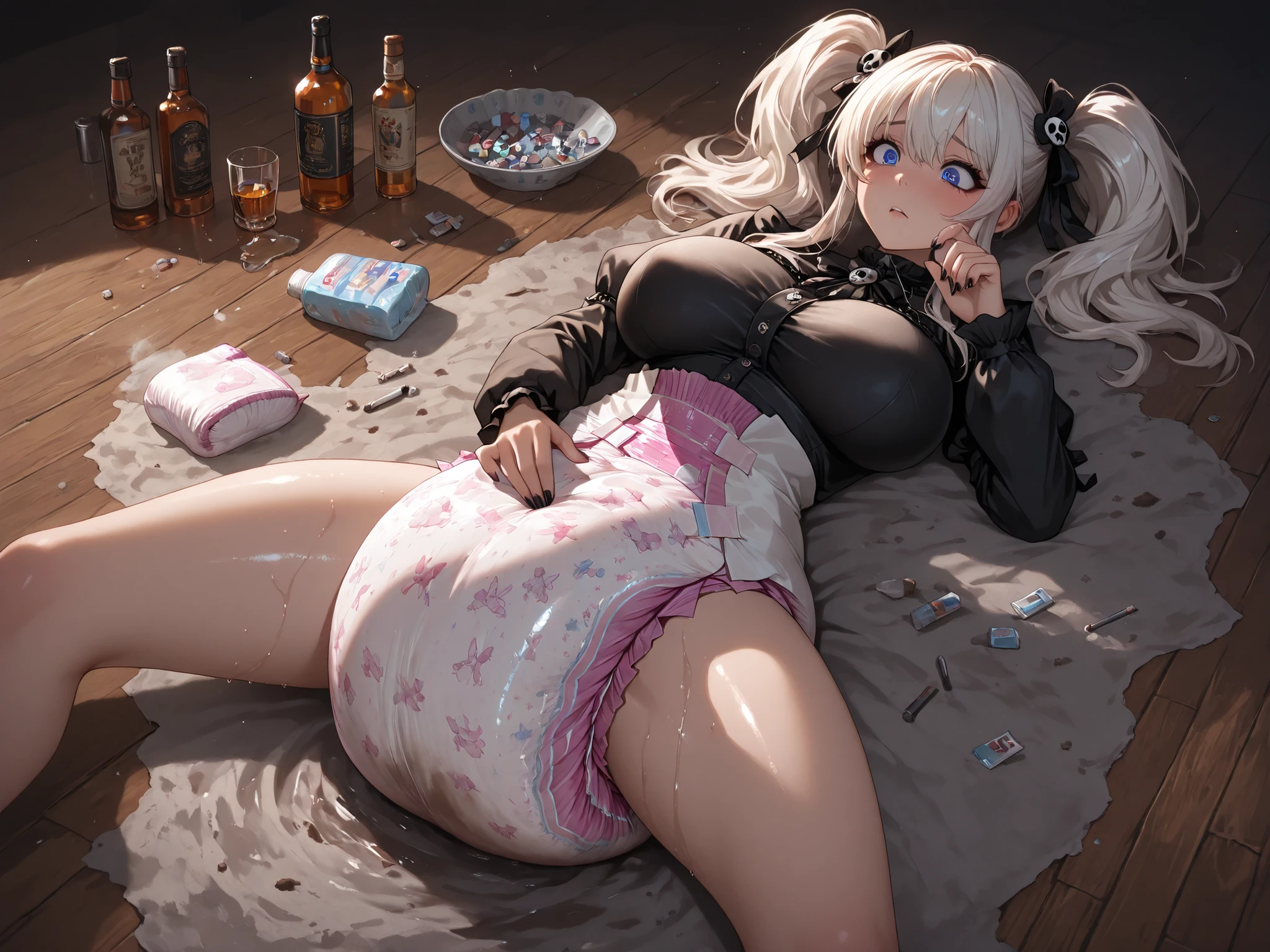 Alta calidad, 8K Ultra HD, hand inside her vagina, Masterpiece, best quality, amazing quality, very aesthetic, high resolution, ultra detailed, very detailed eyes, absurd, newest, 2 women, (woman: 0.5), cute, two pigtails, blonde hair, beautiful eyes, big breast, white hair ties, shiny eyes, hair ornament, fan. night party, alcohol, drugs, dirt on the floor. ((2 cute woman in diapers)), ((focus face)), adult diaper so exaggeratedly voluminous and full of liquid that it wets her legs and the floor, hands in diaper, hands inside diaper, high definition, masterpiece, detailed eyes, adult diaper, bulging diaper, wet diaper, masterpiece, best quality, upper body, voluptuous focus, big boobs, masturbating between women, nail polish, neck, big eyes, stylish modern gothic outfit, fashion design.