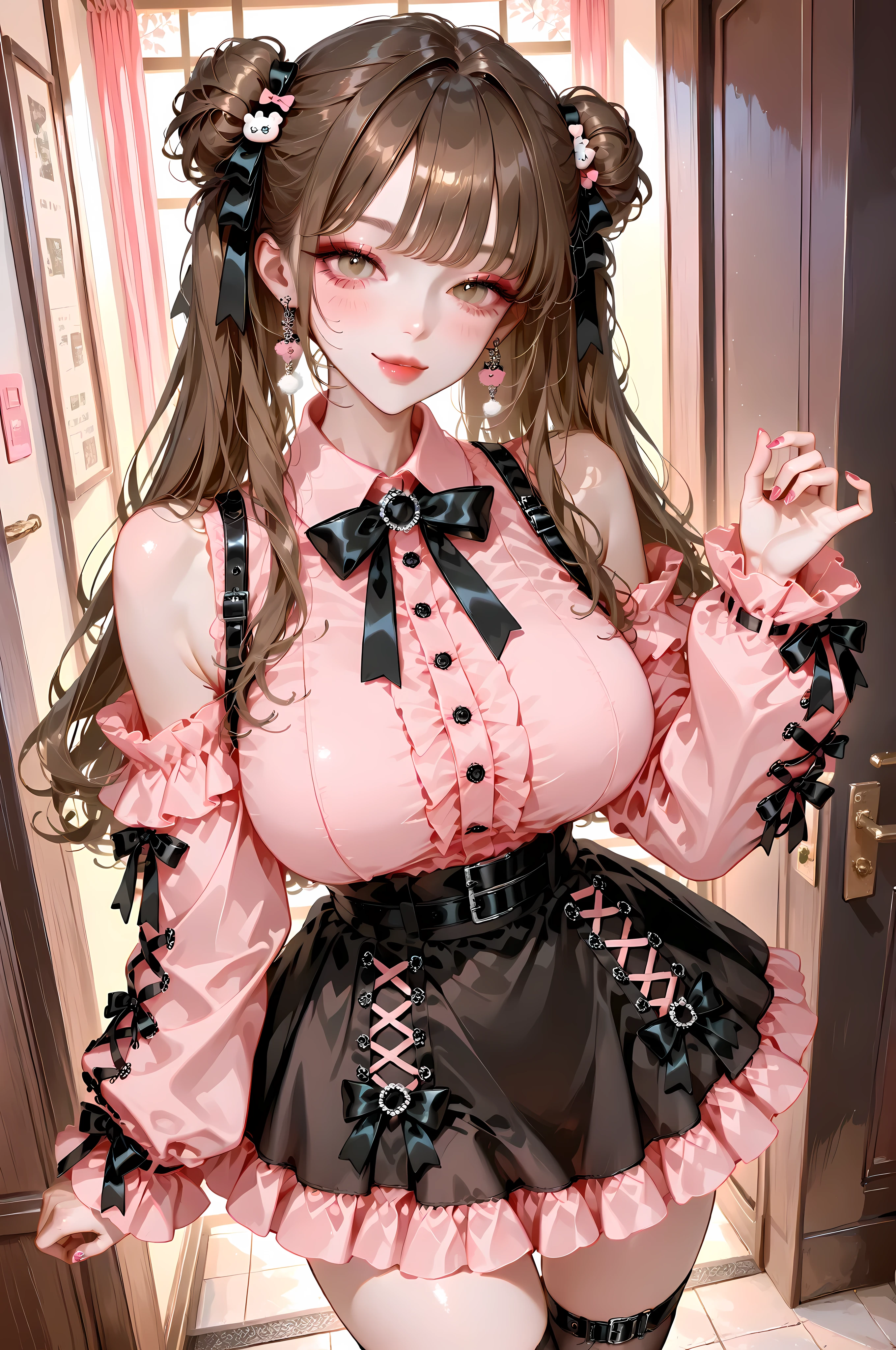 Cute woman, kawaii, moe, high quality, detailed, expressive, pretty, hair buns, soft shadows, cute makeup, big breasts, (skinny), brown hair, big earrings and accessories, stylish, beautiful, modest outfit, modelling pose, jirai kei dress, detailed indoors background, energetic, colorful, pastel pink and black dress, masterpiece, hd, dreamy atmosphere