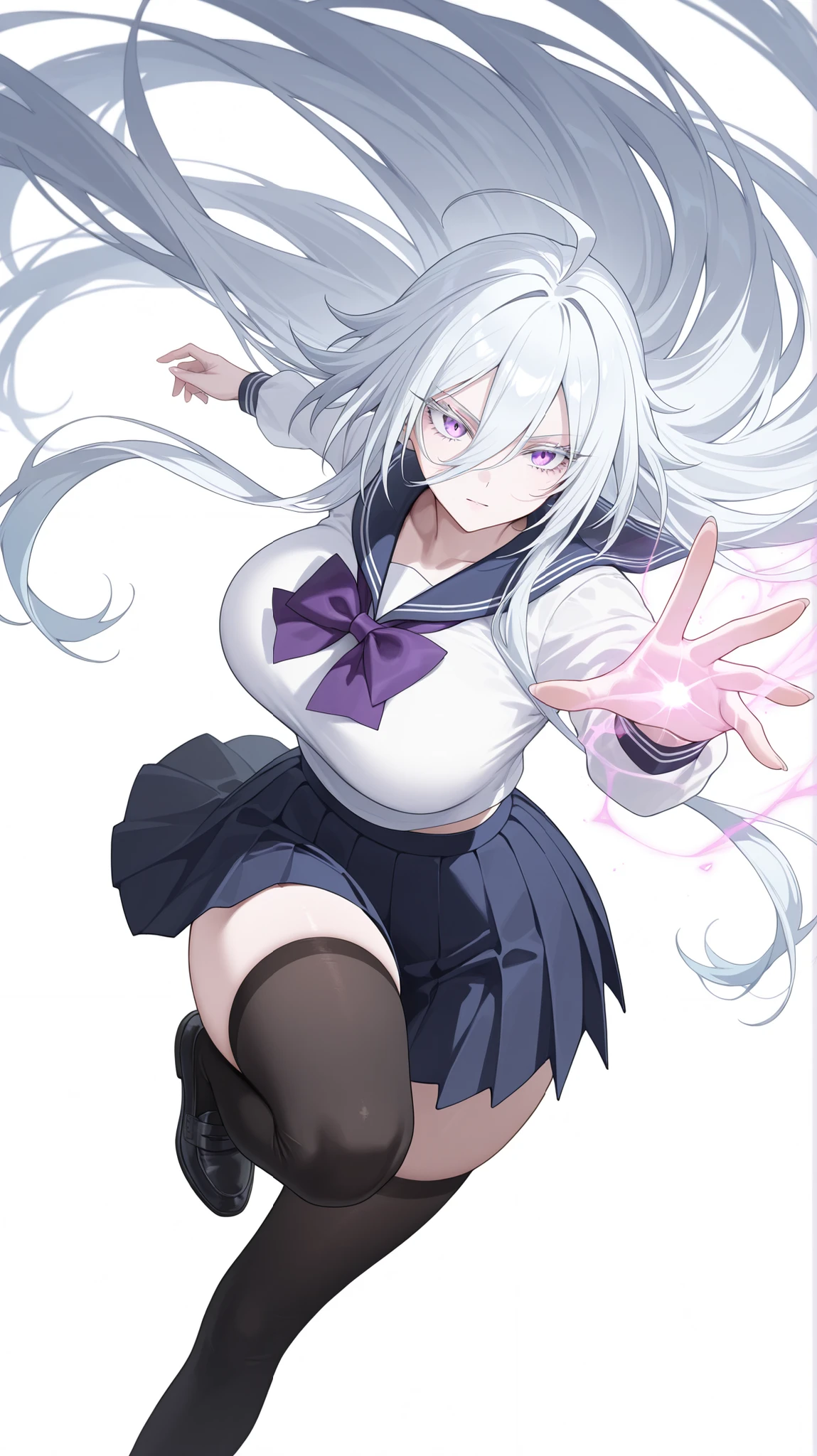 1girl, solo, anime girl, elegant, sovetsky_soyuz, masterpiece, very aesthetic, white hair, extremely long hair, very long hair between eyes, purple eyes, sharp eye outlines, white eyelashes, long eyelashes, big breasts, curvy body, sailor uniform, white top, navy pleated skirt, purple bowtie, black thigh socks, dynamic angle, action pose, magic on hand, void magic, attacking with magic, badass, forshortening, white background, simple background, soft skin, volume light, depth of field, high detail, highres, ultra-detailed, detailed face, (detailed eyes), (perfect eyes), perfect composition, intricate details, detailed and polished anime style, (detailed hand), (perfect hand), 4K, 8K