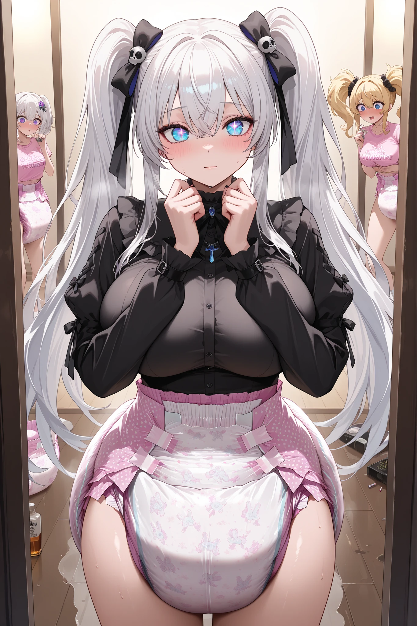 Alta calidad, 8K Ultra HD, hand inside her vagina, Masterpiece, best quality, amazing quality, very aesthetic, high resolution, ultra detailed, very detailed eyes, absurd, newest, 2 women, (woman: 0.5), cute, two pigtails, blonde hair, beautiful eyes, big breast, white hair ties, shiny eyes, hair ornament, fan. night party, alcohol, drugs, dirt on the floor. ((2 cute woman in diapers)), ((focus face)), adult diaper so exaggeratedly voluminous and full of liquid that it wets her legs and the floor, hands in diaper, hands inside diaper, high definition, masterpiece, detailed eyes, adult diaper, bulging diaper, wet diaper, masterpiece, best quality, upper body, voluptuous focus, big boobs, masturbating between women, nail polish, neck, big eyes, stylish modern gothic outfit, fashion design.