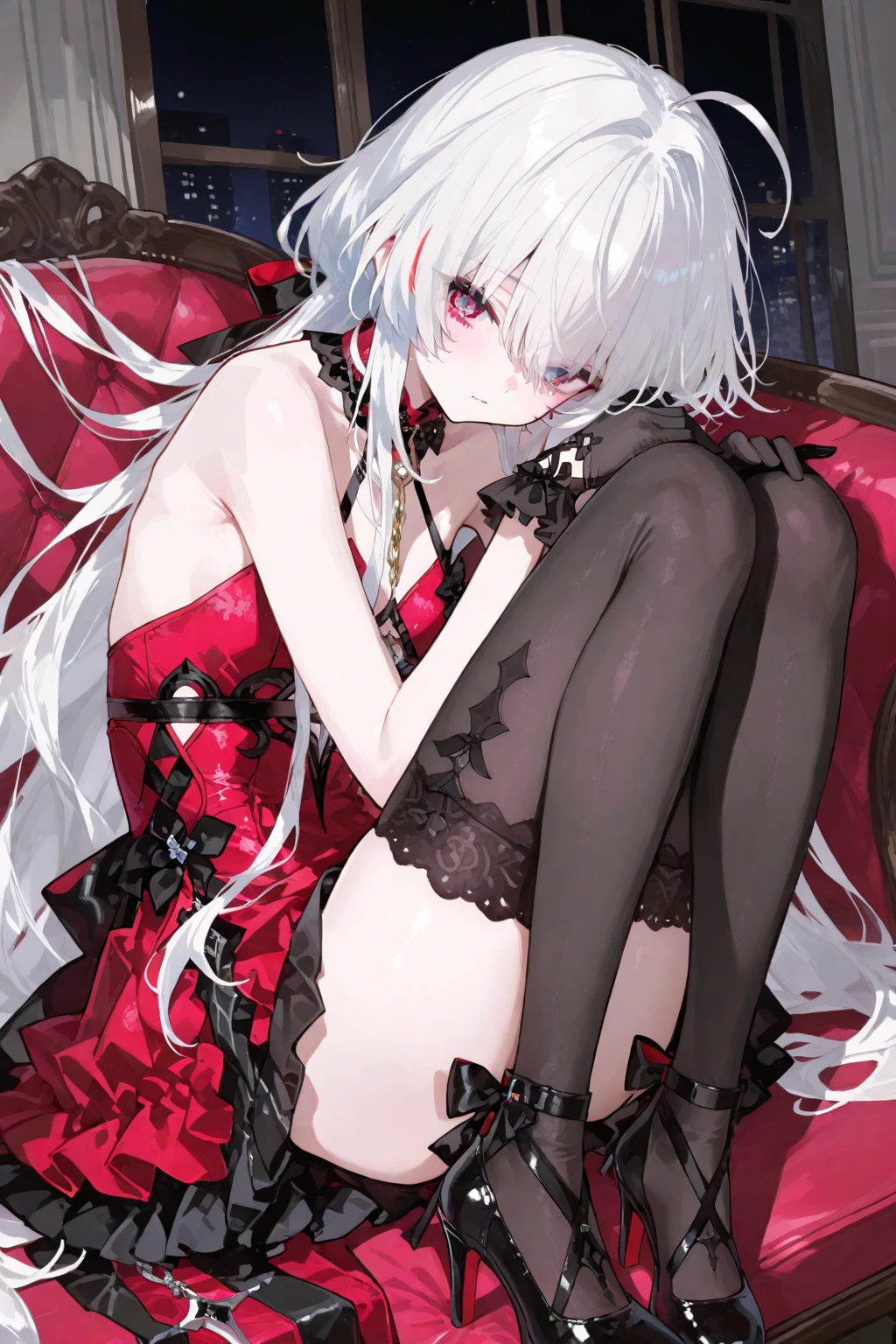 "2girl, ((Masterpiece)), [Slim], (Small ???????), Pale skin, ((Detailed eyes)), (Background blur), ganyudef white hair, Red eyes, villainous, Dark theme, [eyes liner], Evil". . Pantyhose. ???? black lingerie. Embracing. Blushing, sweating. Exposed ??????. Finger in mouth. Riding on top