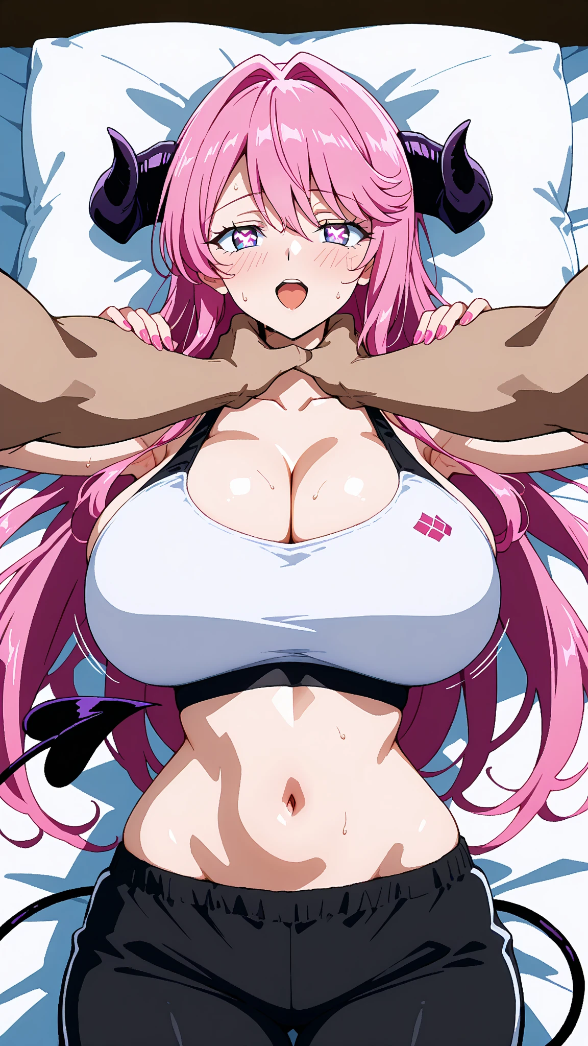 sensual, ((long pink curly hair)), thick thighs, 8k, 4k, highest quality, High resolution:1.2), cute anime face, noise reduction, ((close ~ eye, a face that endures pain、tears flow))、toned abdominal muscles, muscular arms, muscular legs,  young face, anime eye, (((big breasts、beautiful nipples)))、(((Full body nude)))、(((straddle the  and tremble)))、(((SFW huge body)))、
