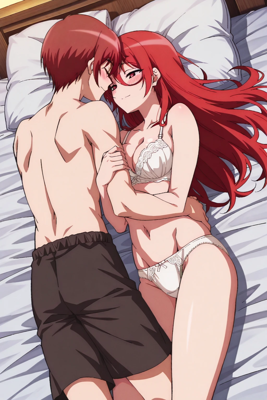 anime artwork, score_9, score_8_up, score_7_up, score_6_up, score_5_up, score_4_up,sparkle \(honkai: star rail\),1girl, twintails, black hair, ??????????????, red eyes, red eyeshadow,  fox mask, , , , , she is 24 years old, , ,?????, style_3, floox style, . She has fluorescent pink eyes with tiny black dots under each of her eyes.. ?????,  , evil smile, , bedroom,   ????,?????, 1boy, prone bone, ???, ???????, grey background, head in pillow, side view