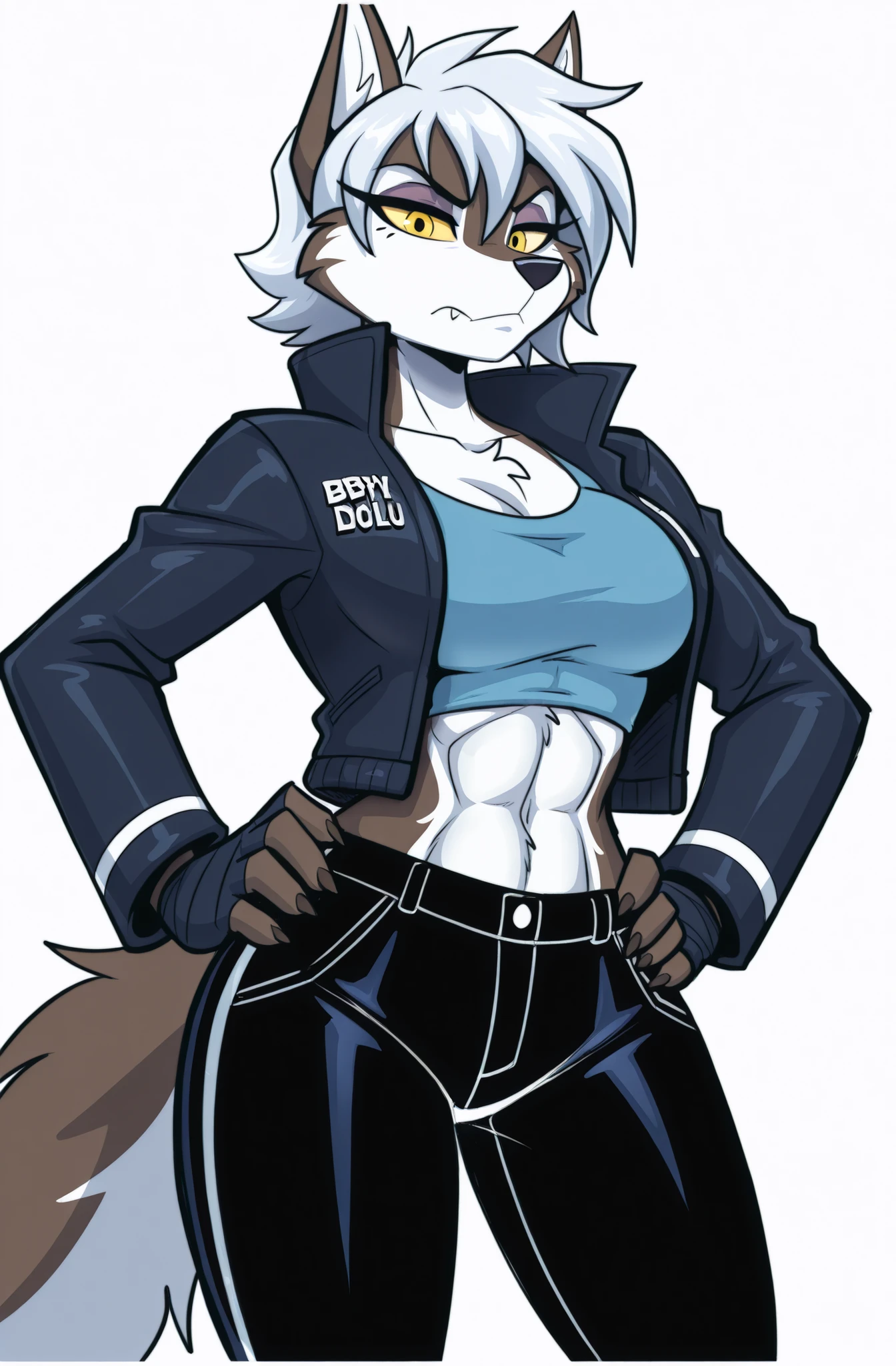 (solo), anime/manga style, best quality, high resolution, absurdres, BREAK, (adult), uploaded on danbooru, uploaded on e621, [by rick griffin:0.5], (by jizoku, by inu-sama), [by zeekzag], by sssonic2, [by mastergodai:0.2], [by chalo:0.32], by r-mk, [by joaoppereiraus:0.6], [by jrvanesbroek:0.4], (anthro, female, wolf, brown body), (yellow eyes), (unimpressed expression, stern, bitter), (silver hair, short hair), fighter jacket, ufc handwraps, (hands on hips), midriff, subtle abs, blue jeans