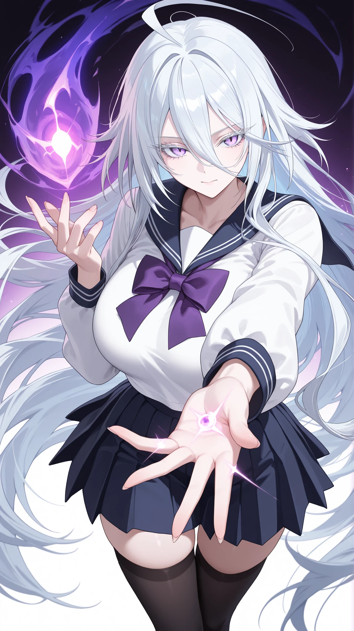 1girl, solo, anime girl, elegant, sovetsky_soyuz, masterpiece, very aesthetic, white hair, extremely long hair, very long hair between eyes, purple eyes, sharp eye outlines, white eyelashes, long eyelashes, big breasts, slim body, sailor uniform, white top, long sleeve, navy pleated skirt, purple bowtie, black thigh socks, standing, thigh gap, dynamic angle, magician pose, magic on hand, void magic, magic attack, badass, forshortening, white background, simple background, soft skin, volume light, depth of field, high detail, highres, ultra-detailed, detailed face, (detailed eyes), (perfect eyes), perfect composition, intricate details, detailed and polished anime style, (detailed hand), (perfect hand), 4K, 8K