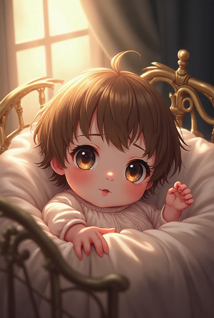1 little baby girl, alone, looking at the viewer, blushing, short hair, mouth, brown hair, white dress, yellow eyes, short sleeves, lying down, on her back,\(symbol\), crib dress, 