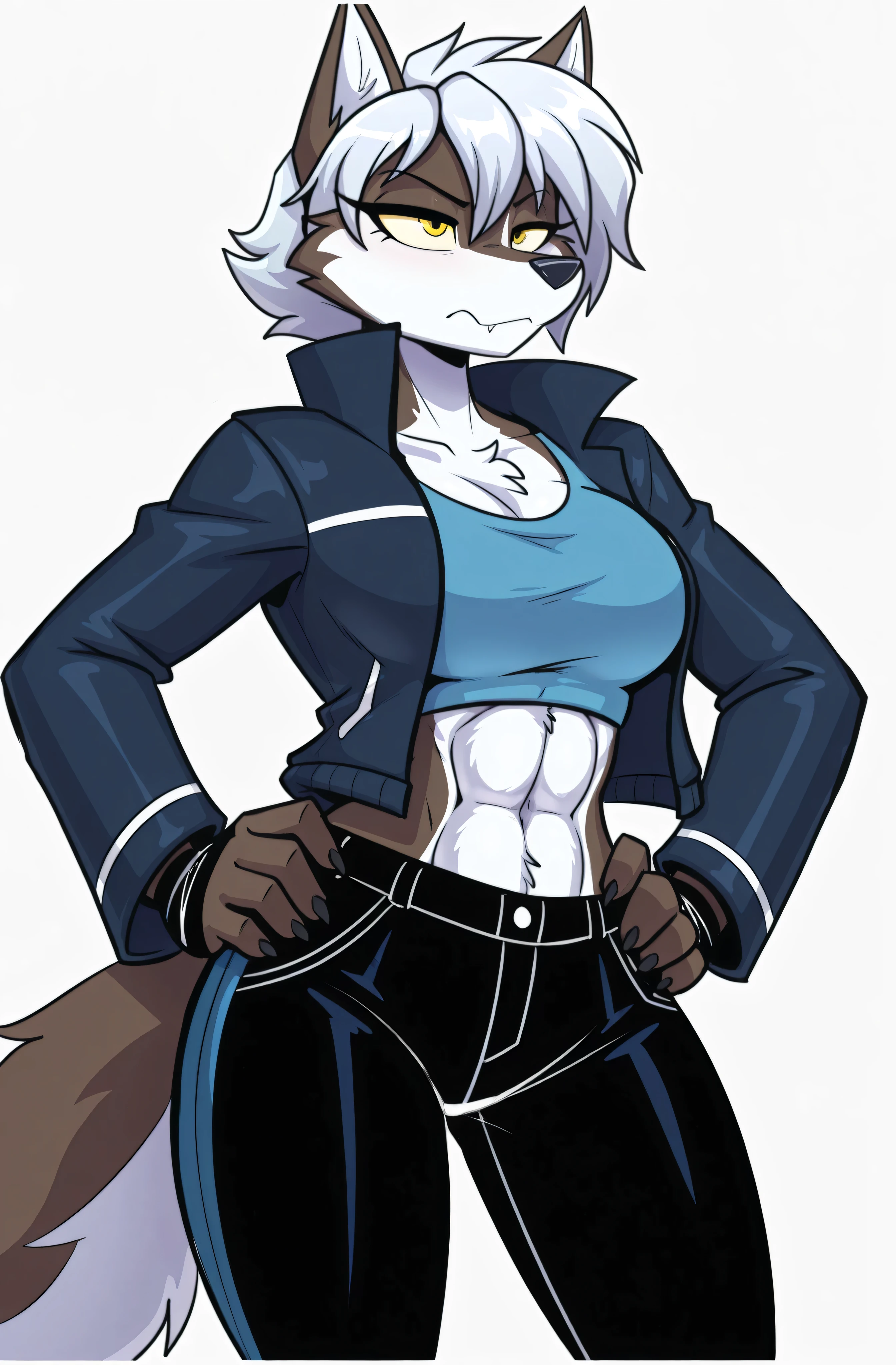 (solo), anime/manga style, best quality, high resolution, absurdres, BREAK, (adult), uploaded on danbooru, uploaded on e621, [by rick griffin:0.5], (by jizoku, by inu-sama), [by zeekzag], by sssonic2, [by mastergodai:0.2], [by chalo:0.32], by r-mk, [by joaoppereiraus:0.6], [by jrvanesbroek:0.4], (anthro, female, wolf, brown body), (yellow eyes), (unimpressed expression, stern, bitter), (silver hair, short hair), fighter jacket, ufc handwraps, (hands on hips), midriff, subtle abs, blue jeans