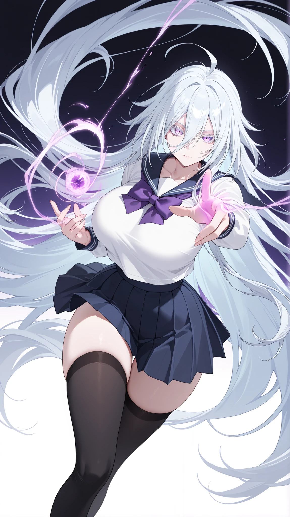 1girl, solo, anime girl, elegant, sovetsky_soyuz, masterpiece, very aesthetic, white hair, extremely long hair, very long hair between eyes, purple eyes, sharp eye outlines, white eyelashes, long eyelashes, big breasts, curvy body, sailor uniform, white top, long sleeve, navy pleated skirt, purple bowtie, black thigh socks, standing, thigh gap, dynamic angle, action pose, magic on hand, void magic, hand in front, aiming magic, badass, white background, simple background, soft skin, volume light, depth of field, high detail, highres, ultra-detailed, detailed face, (detailed eyes), (perfect eyes), perfect composition, intricate details, detailed and polished anime style, (detailed hand), (perfect hand), 4K, 8K