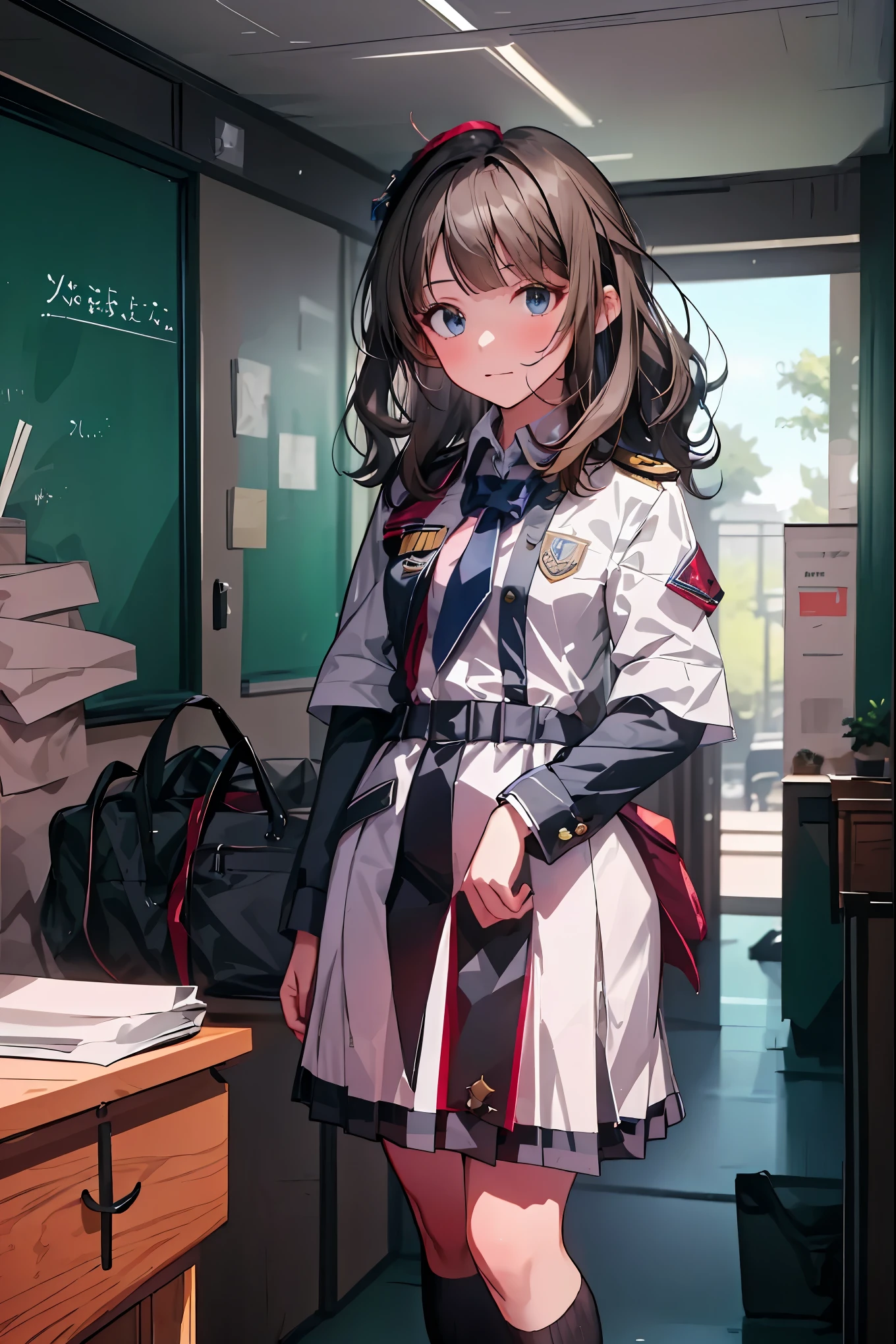 Little Girl with High Pressure Discipline Chairman,((from ↑:1.2)),(((Chairman of the Discipline Committee's armband))),cowboy shot on exposed armpits,About 150 centimeters,charismatic presence, Tall Boys Surrounding Her Surrounding Her Surrounding Area,Pointing and Instructing,4K High Resolution,High Dynamic Range,brown hair,shortcuts,unkempt hair,Short braided hair,Neat,slender beauty,correct attitude,small breasted,beautiful legs,The enchanting gray-blue eyes shine like stars,Saggy Eyes,Brilliant Colors,beautiful eyes,A delicate smile,Textured Skin,BEST QUALITY THE BEST,gentle and beautiful woman,anime style、Super Realistic Digital Illustration with Excellent Detail Description,Deep Tones,Dramatic Lighting,Precise Texturing,Little Girl with High Pressure Discipline Chairman, Chairman of the Discipline Committee's armband, About 150 centimeters, charismatic presence, Pointing at the Students, 4K Realistic Illustration, Extremely detailed down to the details, professional, Vivid Colors, Delicate Light and Shadow, Central Figure of the Disciplinary Committee, Strictly Instructing the Students, Coercive Behavior, Small but Strong Presence, Trying to solve school problems