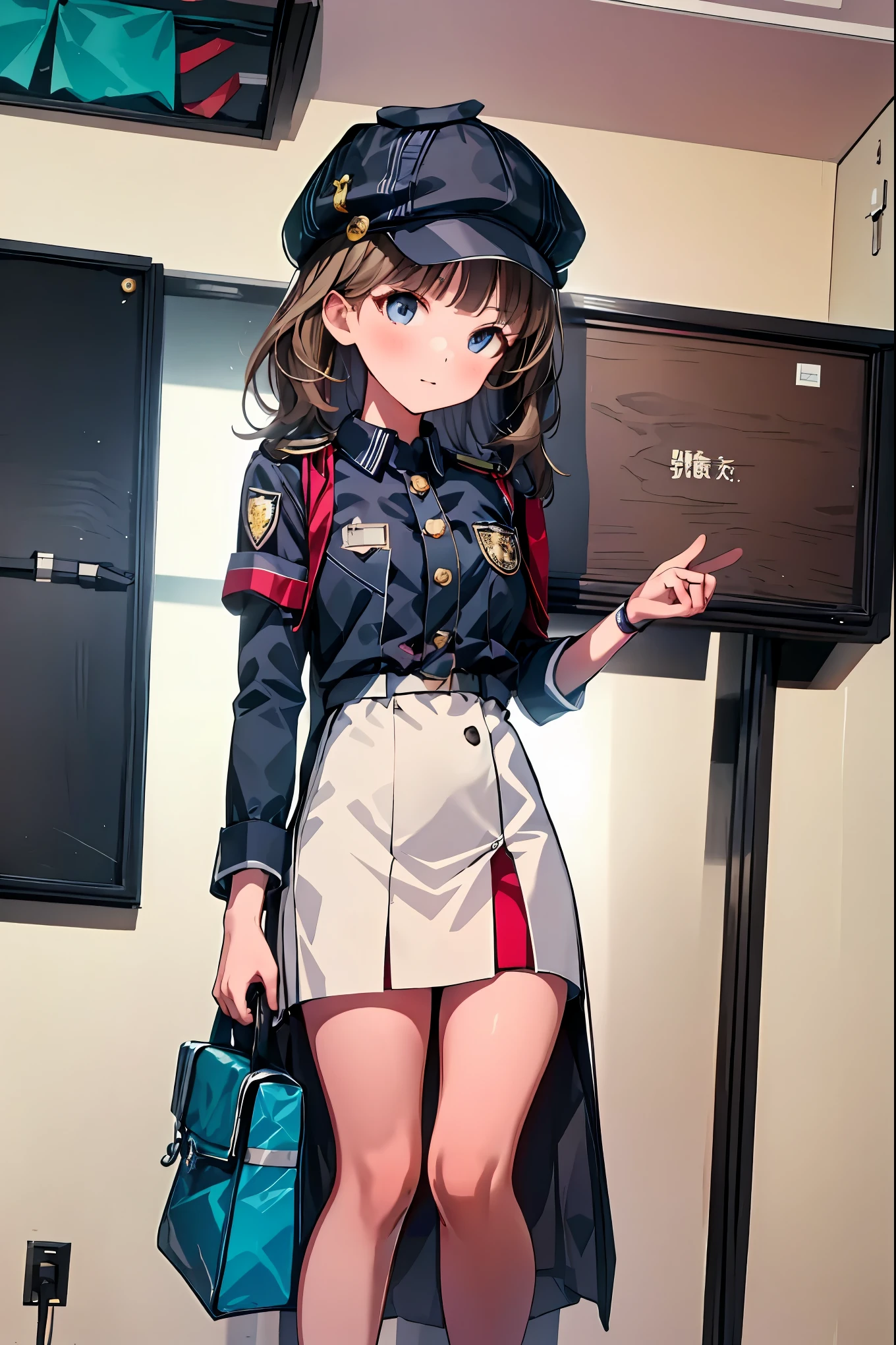 Little Girl with High Pressure Discipline Chairman,((from ↑:1.2)),(((Chairman of the Discipline Committee's armband))),cowboy shot on exposed armpits,About 150 centimeters,charismatic presence, Tall Boys Surrounding Her Surrounding Her Surrounding Area,Pointing and Instructing,4K High Resolution,High Dynamic Range,brown hair,shortcuts,unkempt hair,Short braided hair,Neat,slender beauty,correct attitude,small breasted,beautiful legs,The enchanting gray-blue eyes shine like stars,Saggy Eyes,Brilliant Colors,beautiful eyes,A delicate smile,Textured Skin,BEST QUALITY THE BEST,gentle and beautiful woman,anime style、Super Realistic Digital Illustration with Excellent Detail Description,Deep Tones,Dramatic Lighting,Precise Texturing,Little Girl with High Pressure Discipline Chairman, Chairman of the Discipline Committee's armband, About 150 centimeters, charismatic presence, Pointing at the Students, 4K Realistic Illustration, Extremely detailed down to the details, professional, Vivid Colors, Delicate Light and Shadow, Central Figure of the Disciplinary Committee, Strictly Instructing the Students, Coercive Behavior, Small but Strong Presence, Trying to solve school problems