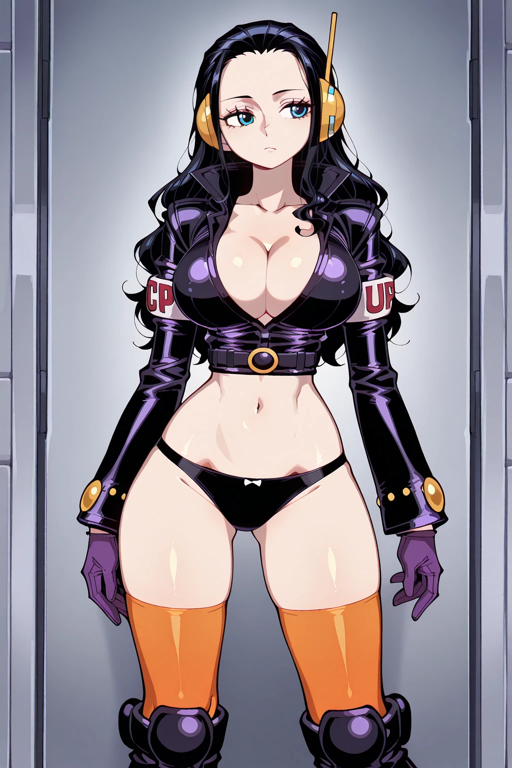 masterpiece, best quality, baccarat, black eyes, folded ponytail, white long coat, coat on shoulders,white navy soldier uniform ,epaulettes, purple shirt, blue pants, upper body, looking at viewer, ?????????????, ocean, city ,(hd), ((full body shot)), (high resolution)