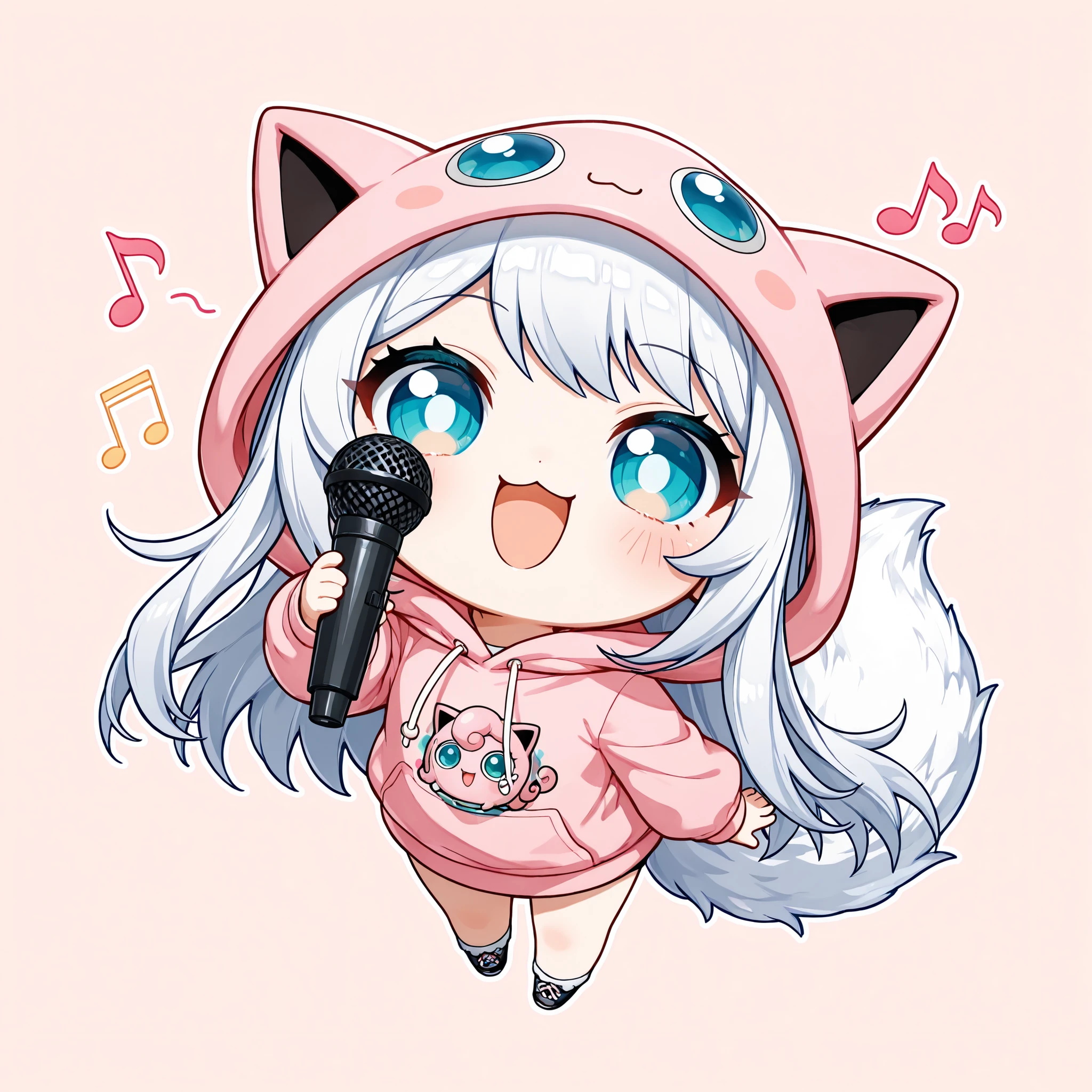 (masterpiece), (best quality), chibi, stylized, around 2.5 to 3 heads tall, small body, proportionally big head, official art style, thick outlines, clean lines, vibrant colors, cute, expressive,
(((solo chibi girl))), ((single character)), (1girl:1.2), no other characters, white hair, long hair, straight hair,blue eyes, (white fox tail), fluffy tail,Thighs,
(:3),blush,open mouthfacing up,look at viewer,BREAK
chibi character wearing a soft pink jigglypuff hoodie, round hood with small cat-like ears,big blue eyes on the hood front, jigglypuff-style feet, fluffy and adorable design, gentle and cheerful vibe,hood up,
Singing, holding a microphone,happy,dynamic pose,
simple background,from above,musical note,