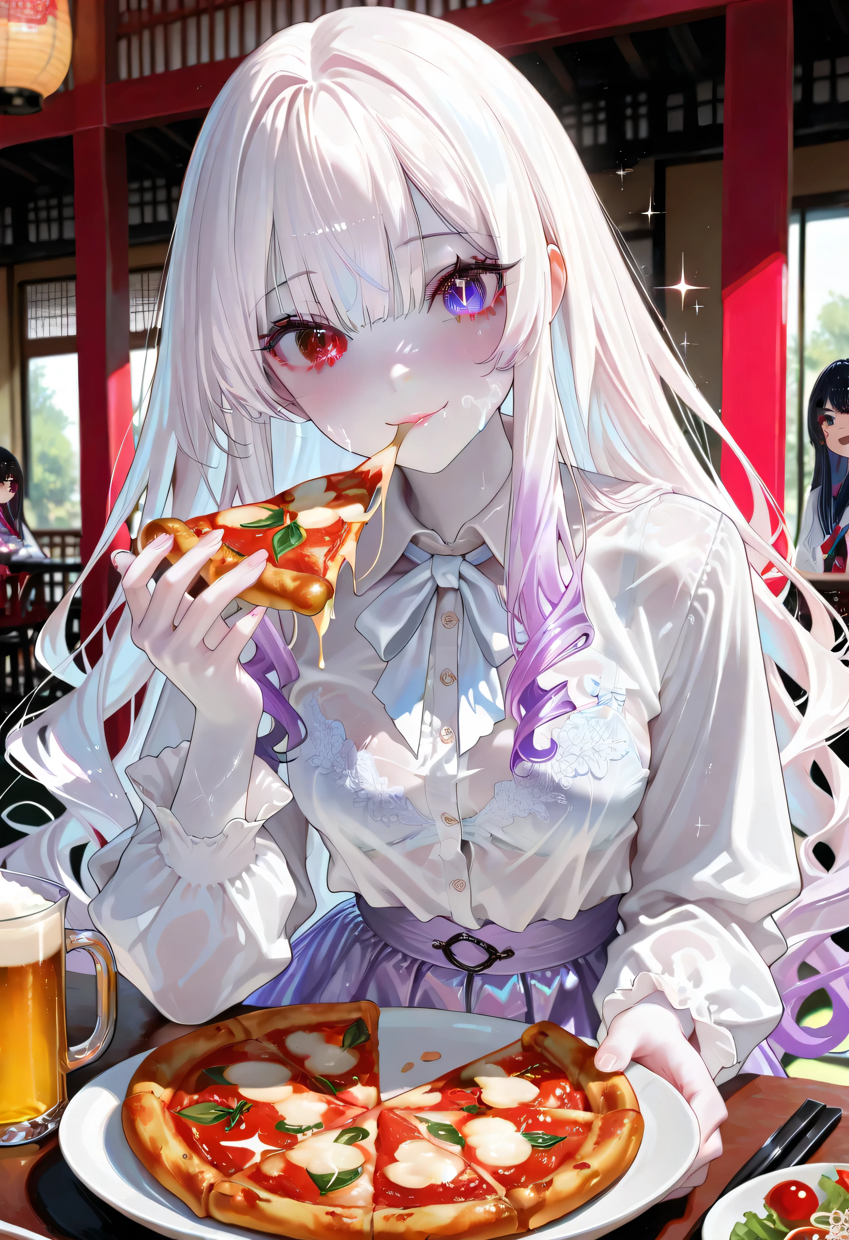((Highest quality, 8K, highest resolution, masterpiece, ultra-realistic)), ((High school girl with odd eyes)), ((Bra visible through clothes)), ((Heterochromia, red eyes, blue eyes)), ((Sparkling eyes with attention to detail)), ((Crystal-like eyes)), (Platinum and purple wavy long hair), Hime cut, ((Translucent white skin)), Shining skin, Pure white skin, ((Extraordinary facial features, well-defined features)), ((Small breasts)), ((Anatomically accurate depiction)), ((Five fingers), Delicate detail even in the fingertips), ((Pale pink with delicate lace) (Wearing a silk off-the-shoulder blouse with a delicate lace pattern), (Wearing a pure white bra with a delicate lace pattern), (Bra visible through the clothes), ((Sitting at a pizzeria table, catching a large pizza from a large white plate on the table and eating it with her hands)), (See-through), (Purple frill skirt), (Navy blue knee-high stockings), (Catching a pizza with her hands and eating it), ((Detailed depiction of a large plate filled with melted cheese, bacon and a large pizza), ((Beer jockey)), Salad bowl, Smiling face, Beautiful traditional Japanese restaurant,